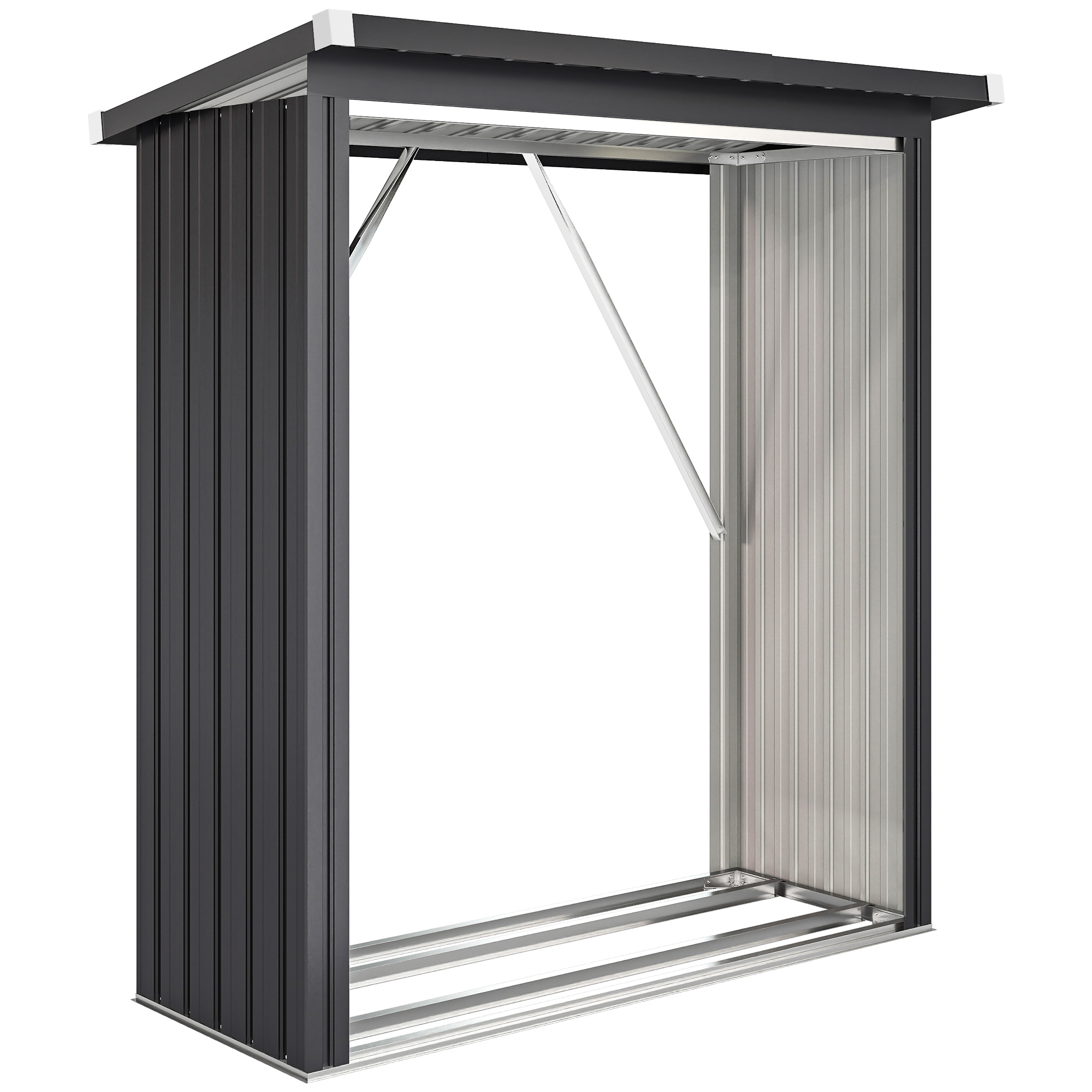 Küttepuude kuur, terasest, kõrgendatud põrandaga, kaldus katusega, 150 x 66,5 x 150 cm, tumehall