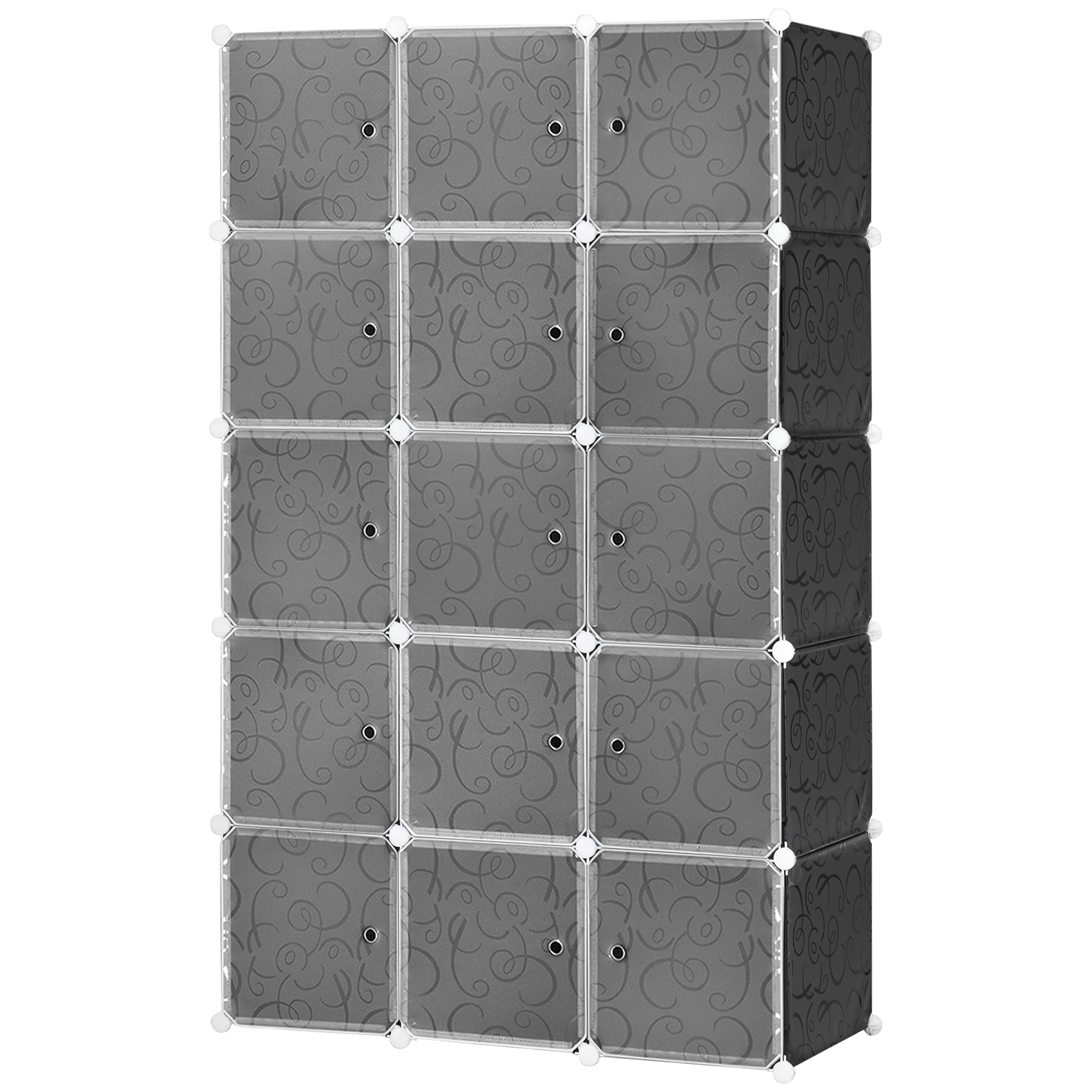 Kuubikukujulise disainiga riidekapp, 2 suurt ja 9 väikest kuubikut, plastik, metall, 111P x 47L x 183K cm, must+valge