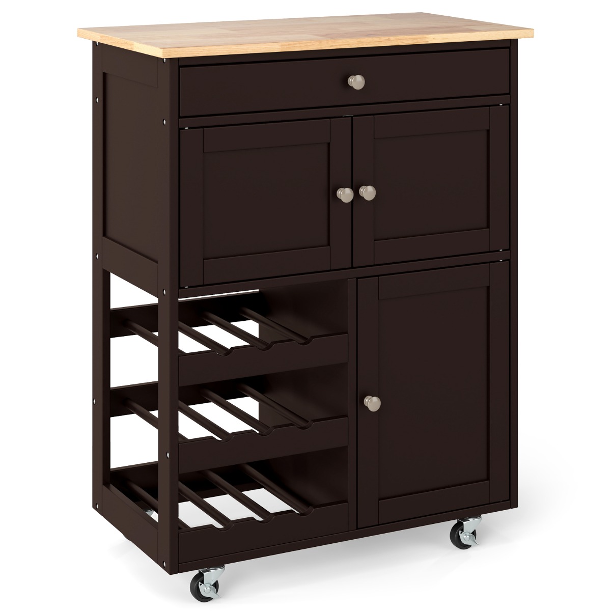 Köögikäru sahtlitega 3-korruseline veiniriiul tööpind serveerimiskäru pruun