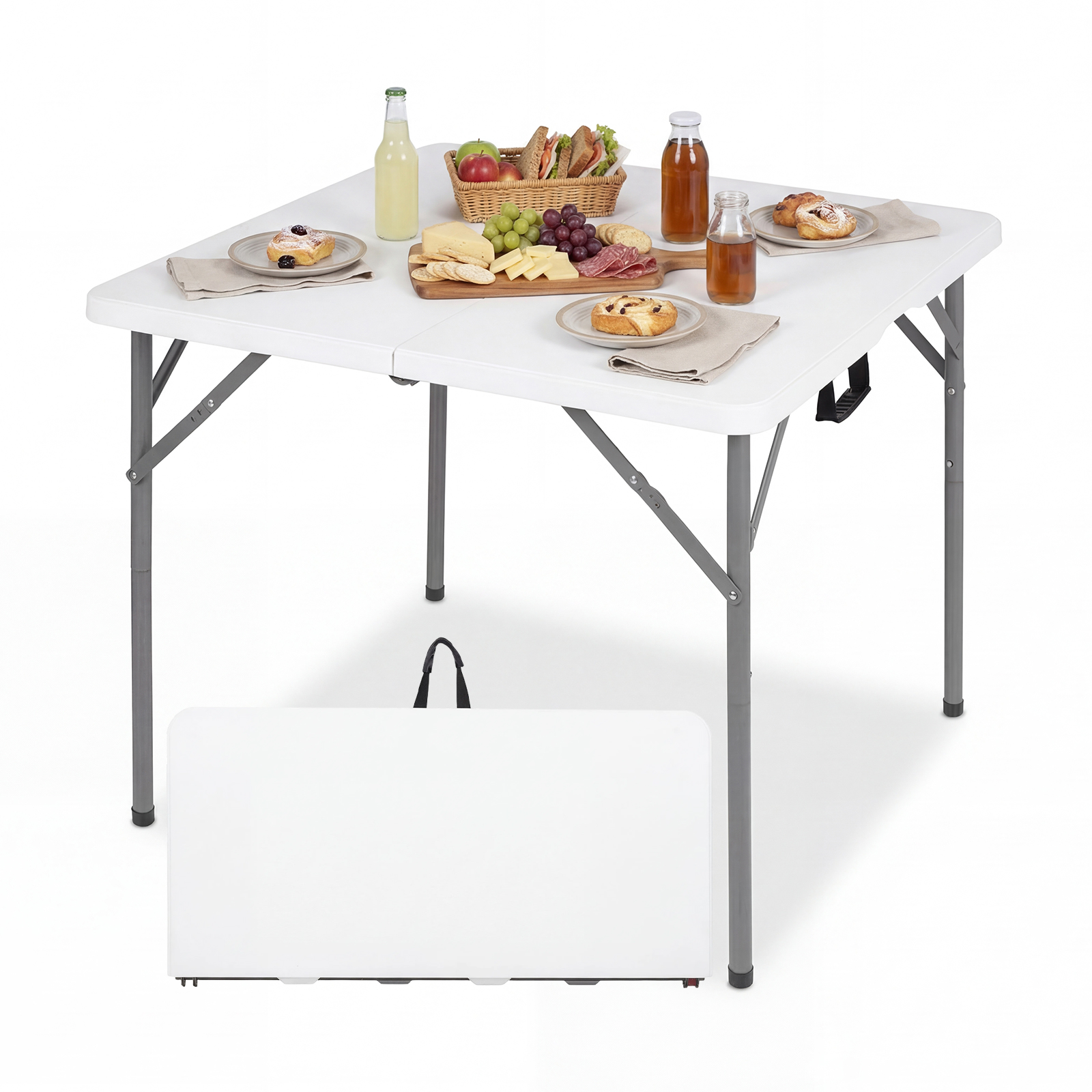 Mugava kandesanga ja metalljalgadega ruudukujuline kokkupandav matkalaud ja peolaud (mõõdud 86x86 cm) valge