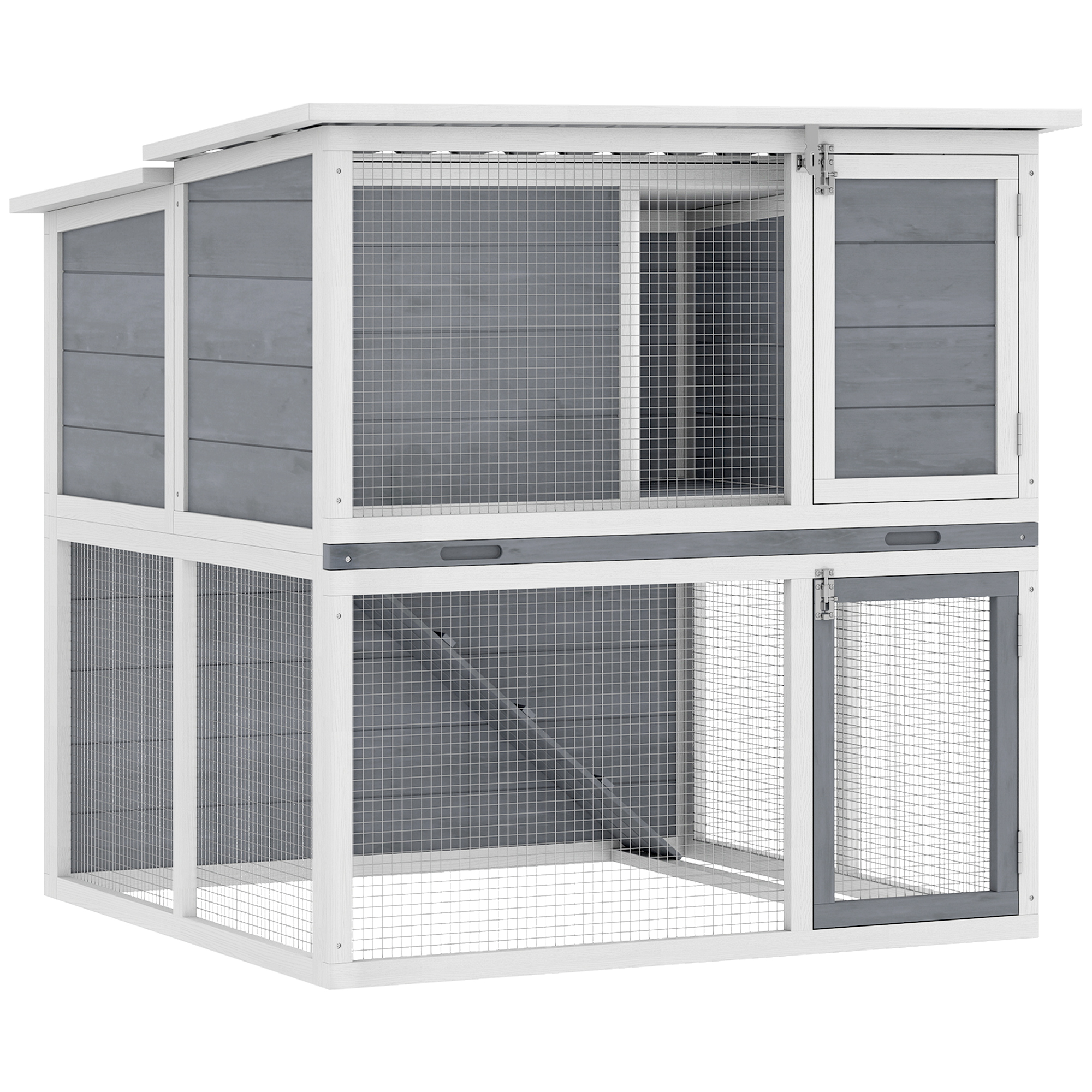 Kahekorruseline puidust küülikupuur ilmastikukindla hingedega katusega, jooksuala ja kaldteega, 98x95x102,5 cm, hall