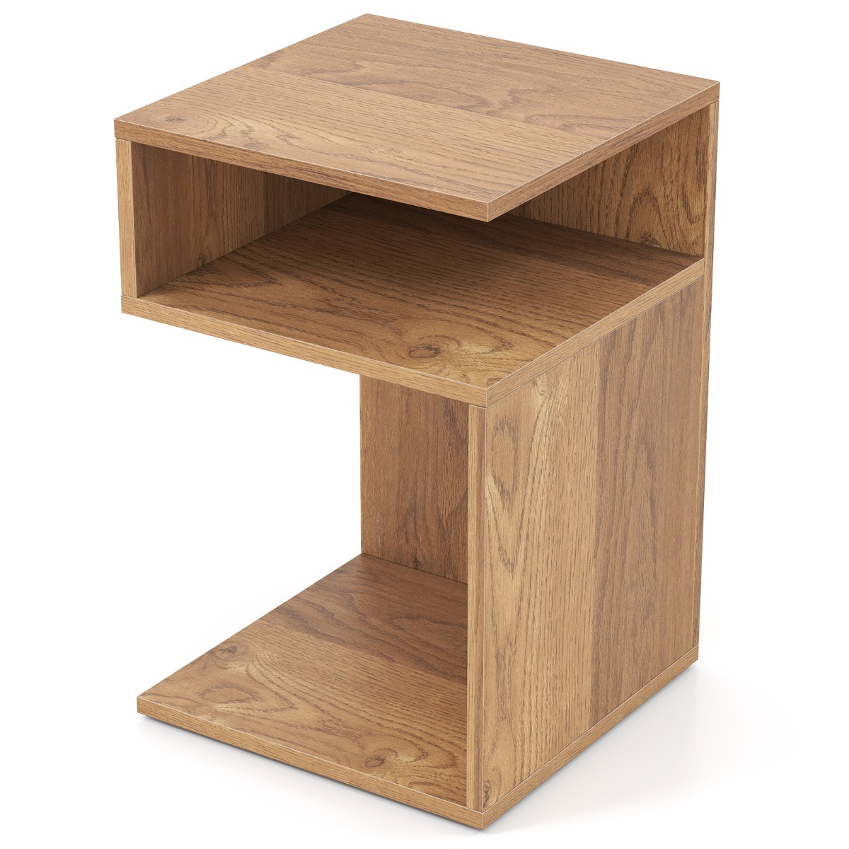 S-kujuline kolmetasandiline kaasaegne diivani abilaud, kahe avatud lahtriga universaalne puidust öökapp, naturaalne