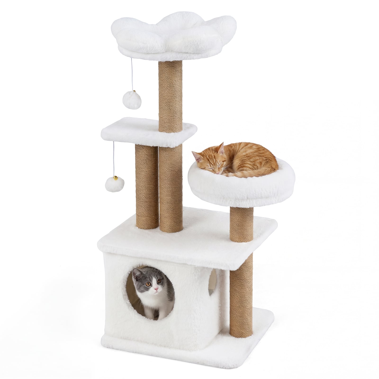 96 cm kassipuu kassiruumi, platvormi, voodi ja 2 palliga, kassitorn, kassi kraapimispost, beež