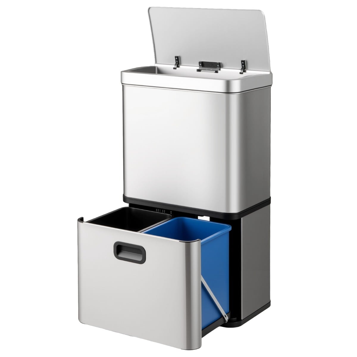 56L roostevabast terasest prügikast liikumisanduriga, 2 prügikasti ja pehmelt sulguva kaanega, hõbedane