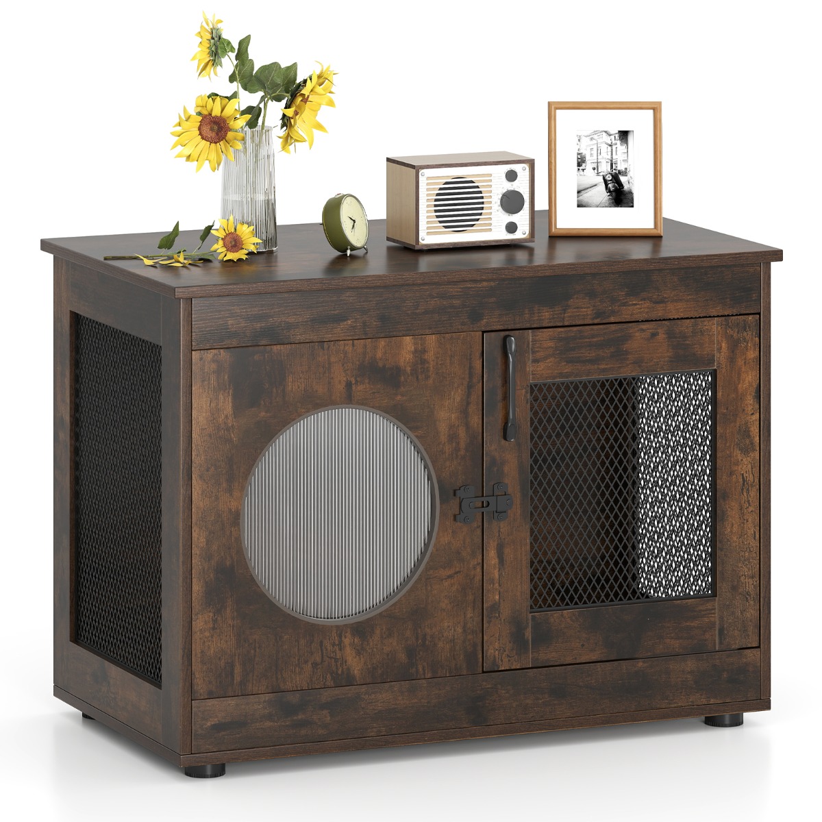 Koerakuut loomapuuri koerakast mööblistiilis ukse ja pc-aknaga lemmikloomapuur väikestele ja keskmise suurusega koertele kass lemmikloom pruun 82 x 47 x 60 cm