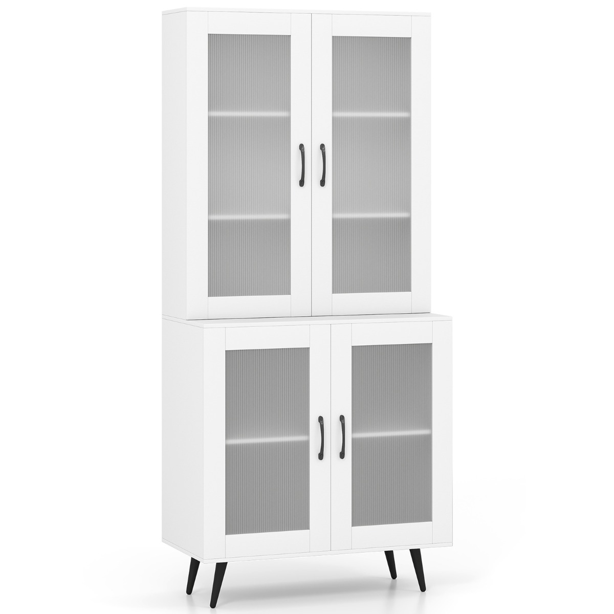 Kõrge köögikapp 4 läbipaistva uksega ja reguleeritava riiuliga köögiriiul puhvetkapp valge