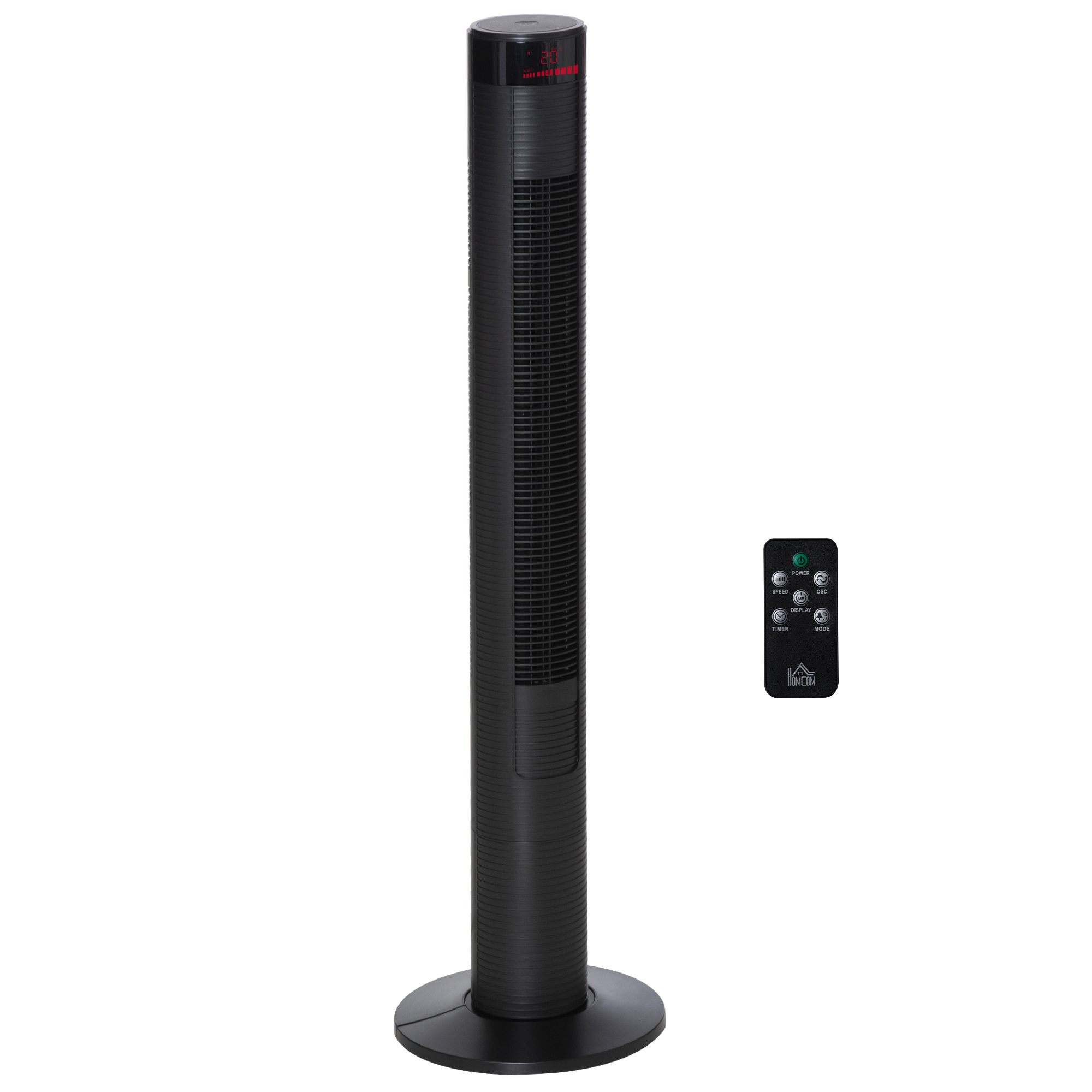 Vaikne tornventilaator puldiga, 117 cm, 70° võnkuv ventilaator, aluseventilaator 4 režiimi, 3 kiirusega, 12-tunnine taimer, LED-ekraan, must