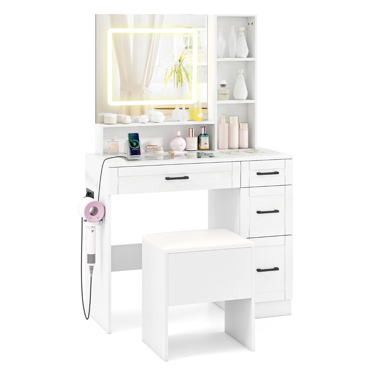 Peegli ja valgustusega tualettlaud, meigilaua komplekt tabureti ja pistikupesadega, valge