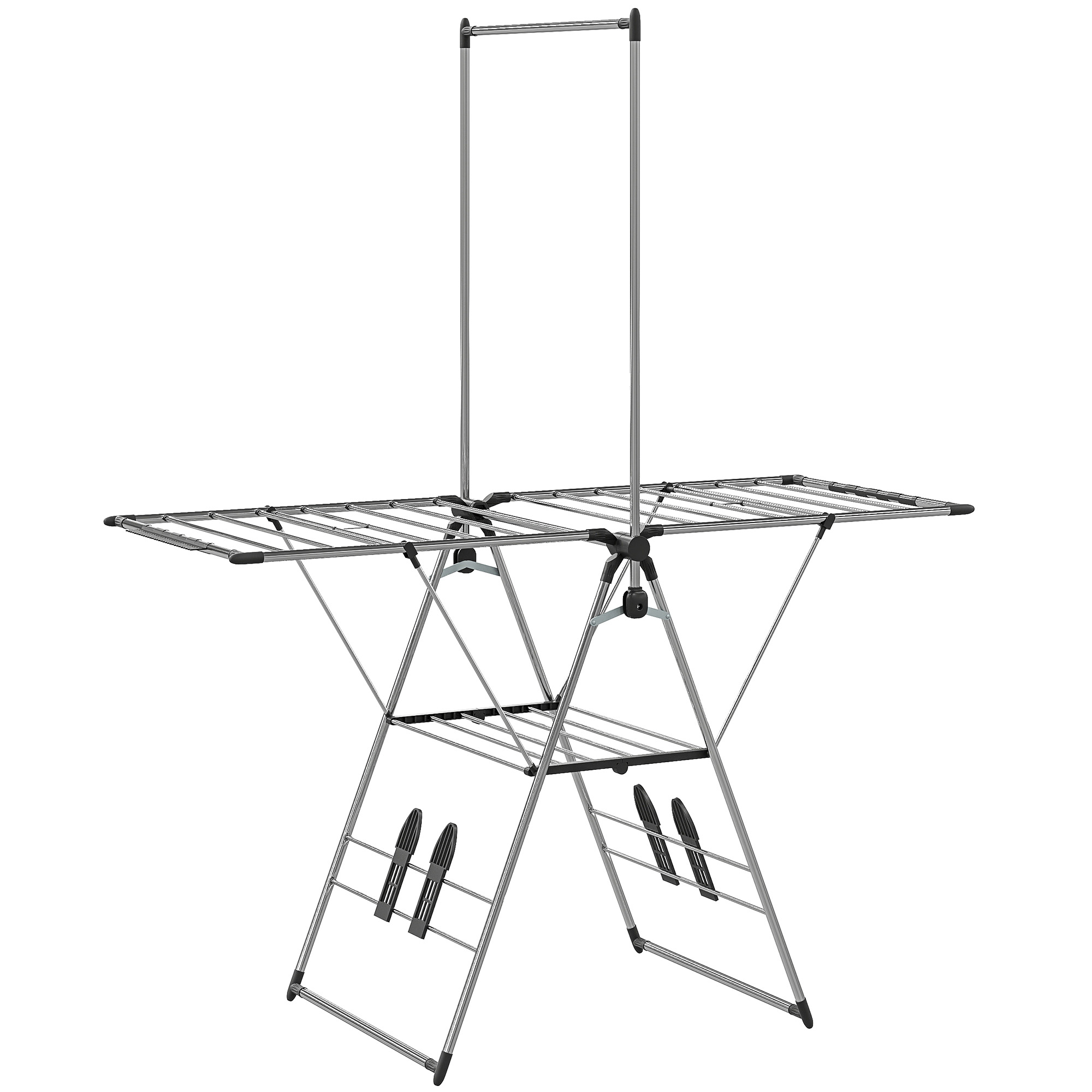 Kokkupandav pesukuivatusrest reguleeritavate tiibade ja kingahoidjatega, roostevaba teras, 156,5 x 68 x 192 cm, hõbedane