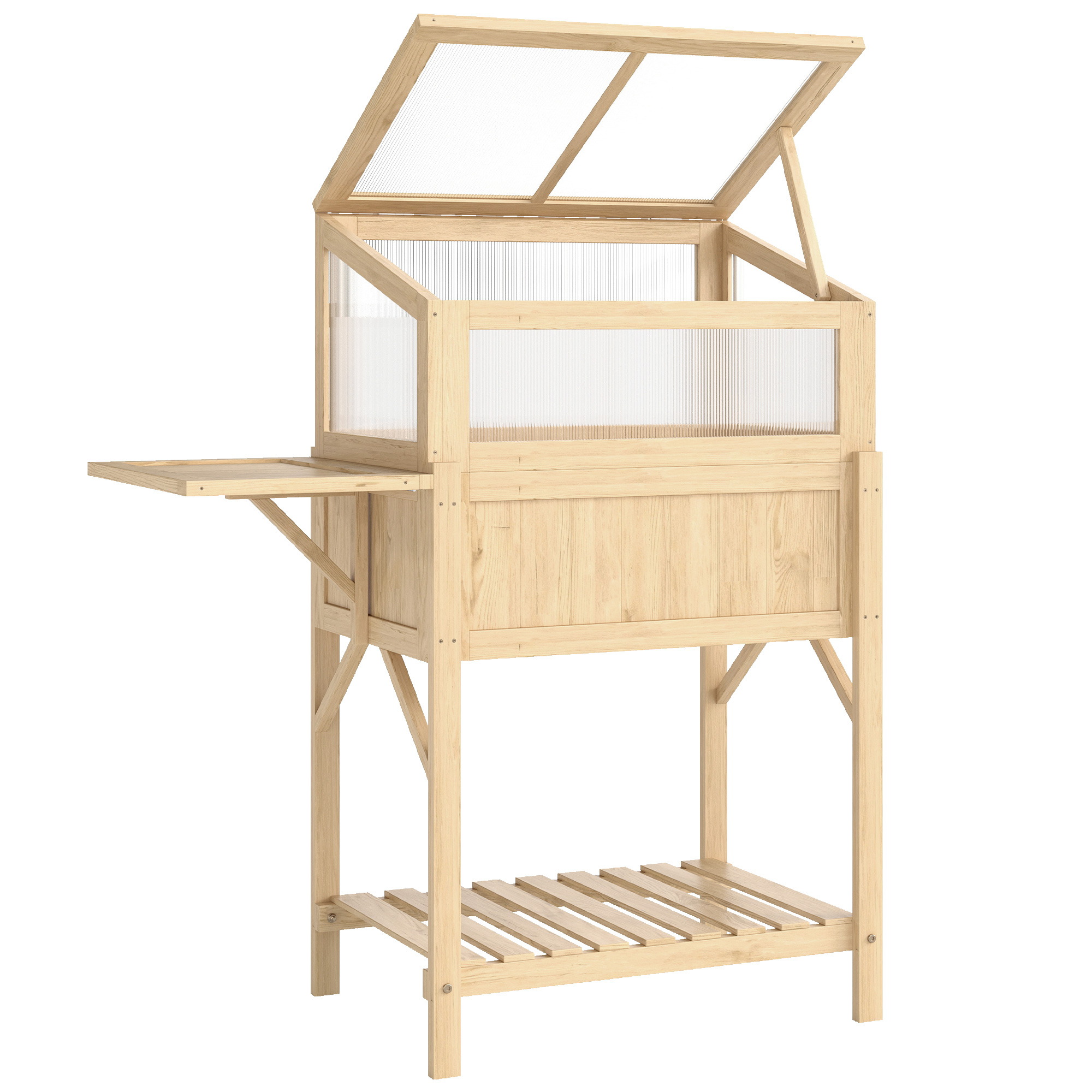 Puidust külmraamiga kõrgpeenar, kokkupandav istutuskast kasvuhoonega, külglaud, panipaik, naturaalne puit