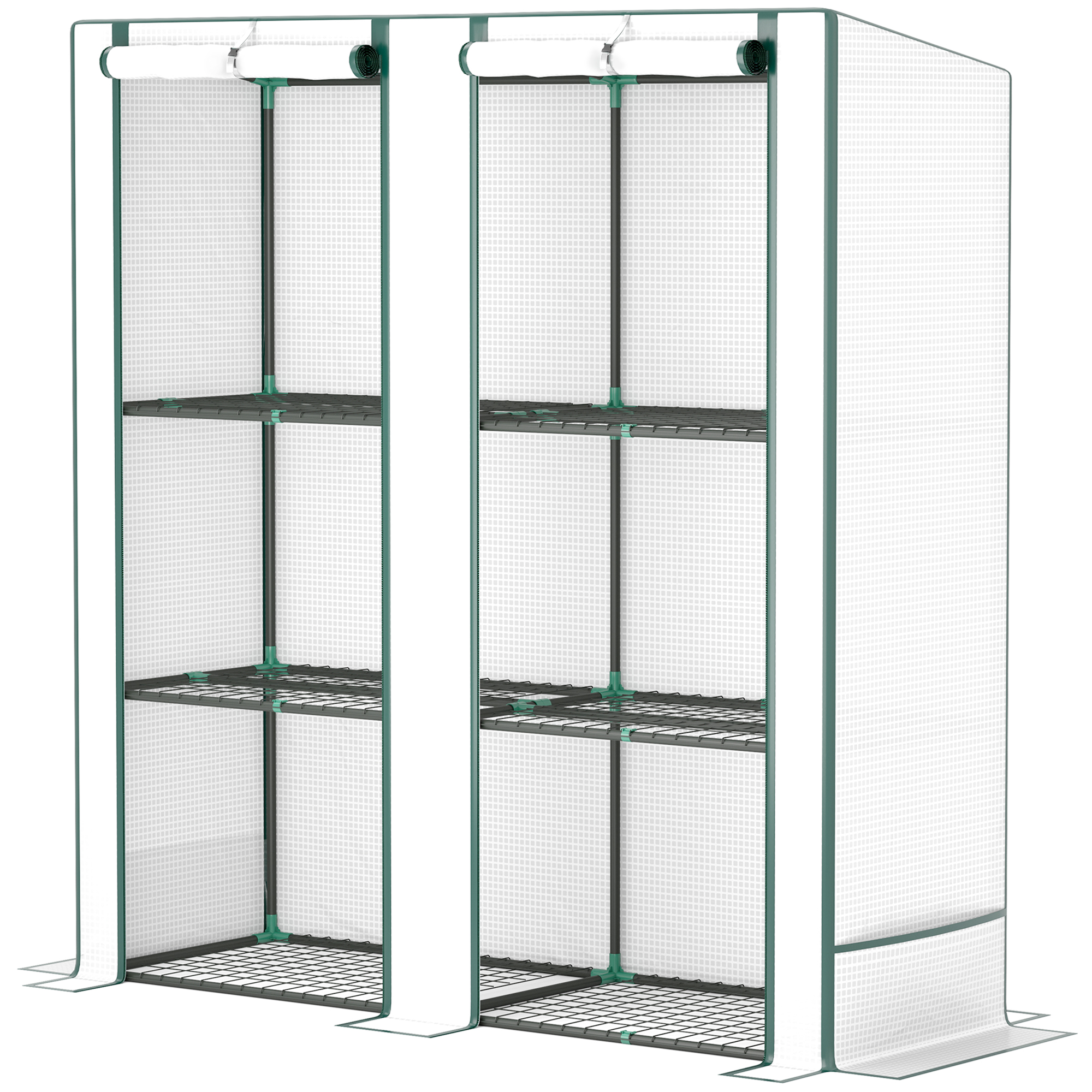 Pultkatusega kasvuhoone, topeltuks, riiulid, talvekindel terasest kilekasvuhoone, kasvuhoone rõdule, aeda, tomatimaja 144 x 48 x 152 cm, tomatikasvuhoone tomatite, köögiviljade jaoks, valge