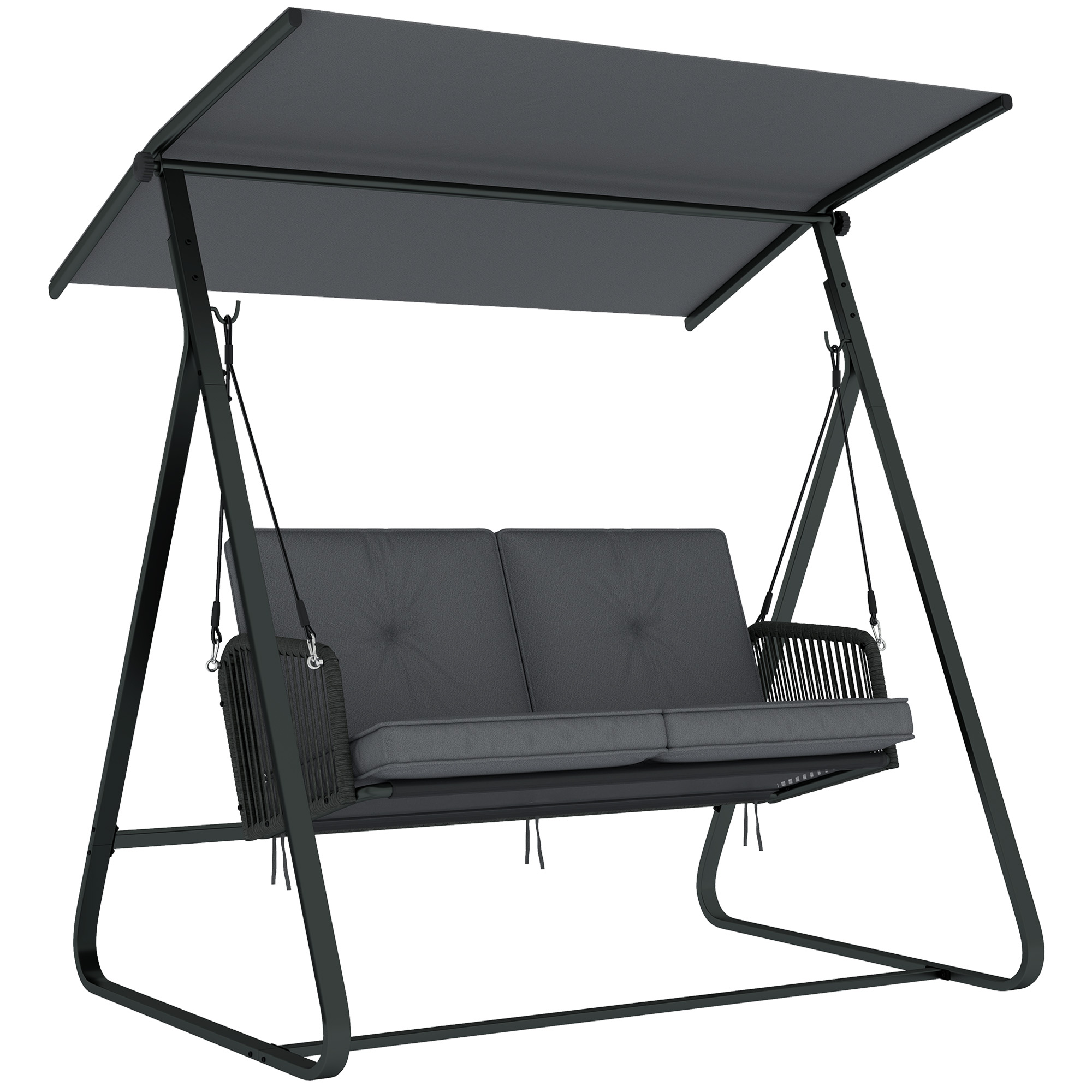 Hollywoodi kiik rotangist kahekohaline aiakiik reguleeritava päikesevarjuga, pehme padjaga, A-kujulise raamiga