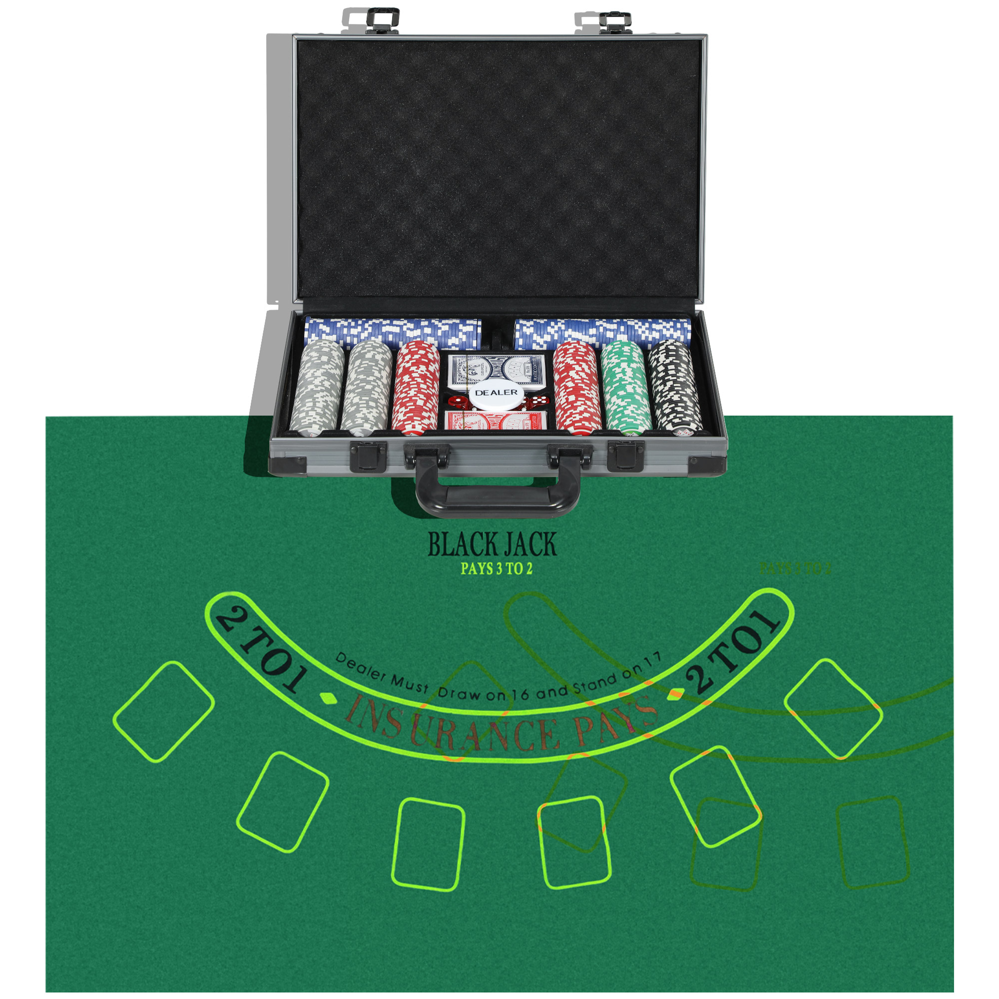 Pokkerikomplekt, pokkerikarp, 400 žetooni, 2 kaardipakki, 5 täringut, diileriketas, alus