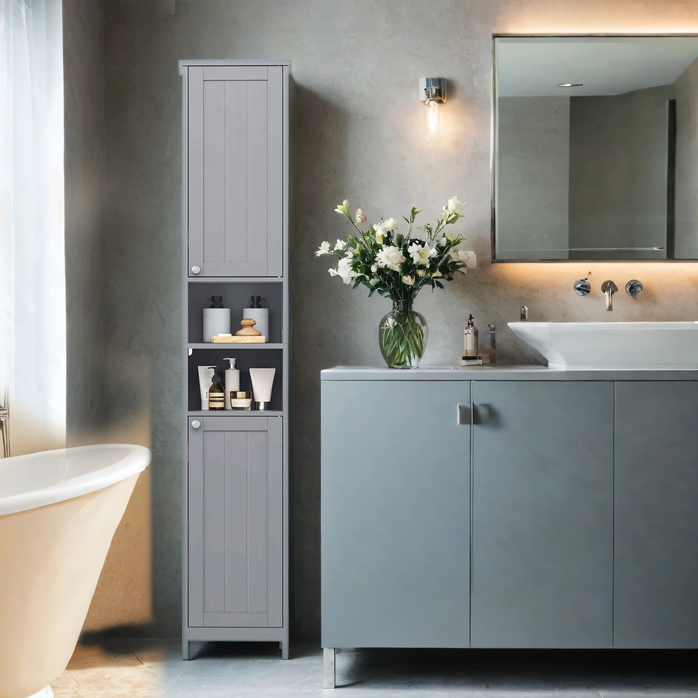 Kõrge vannitoakapp valgustusega, reguleeritavate riiulite ja avatud sektsioonidega