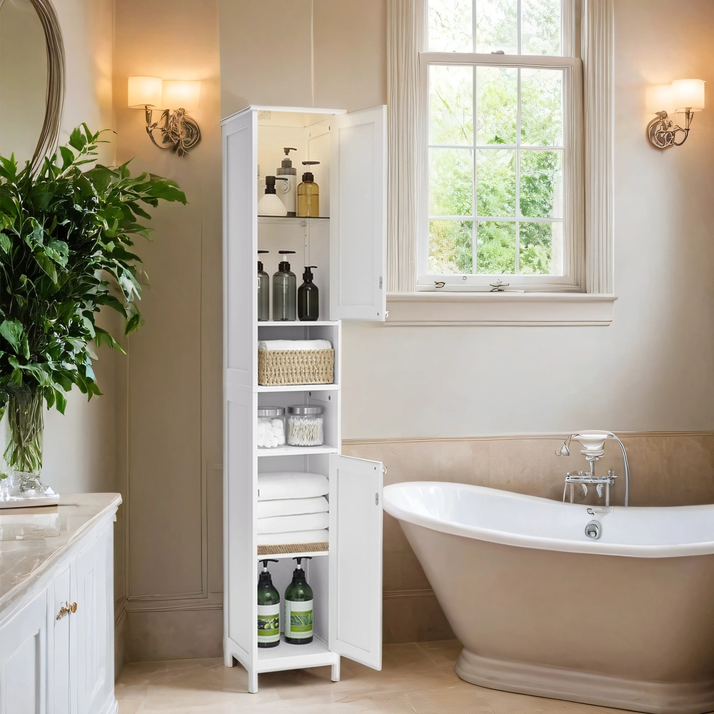 Kõrge vannitoakapp valgustusega, reguleeritavate riiulite ja avatud sektsioonidega