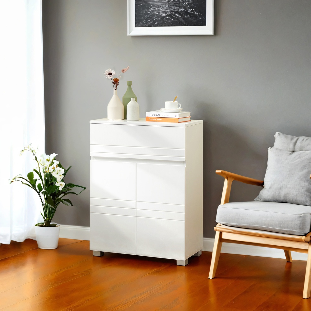 Kahe uksega vannitoakapp, hoiukapp, sahtli ja reguleeritava riiuliga