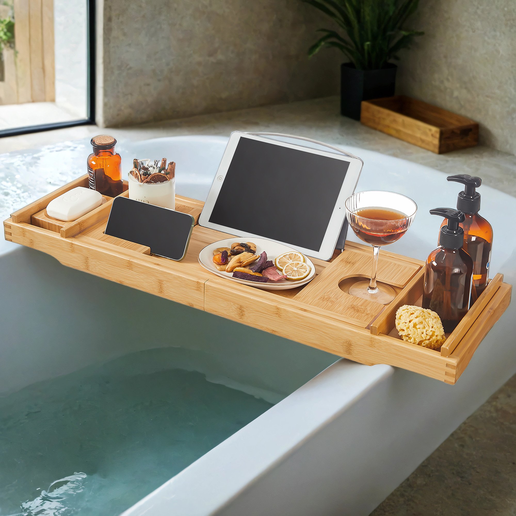 Bambusest reguleeritav vannialus, joogitopsihoidja, raamatutoega.