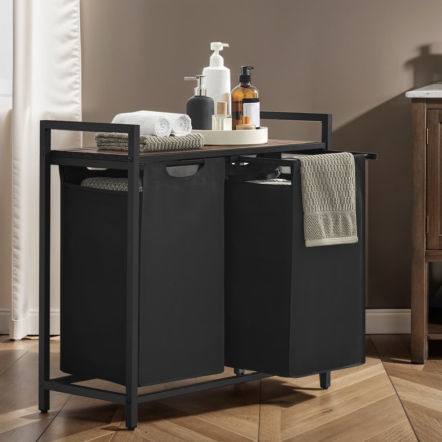 Pesukorv 2 sektsiooni, pesukoguja riiuliga, pesukast