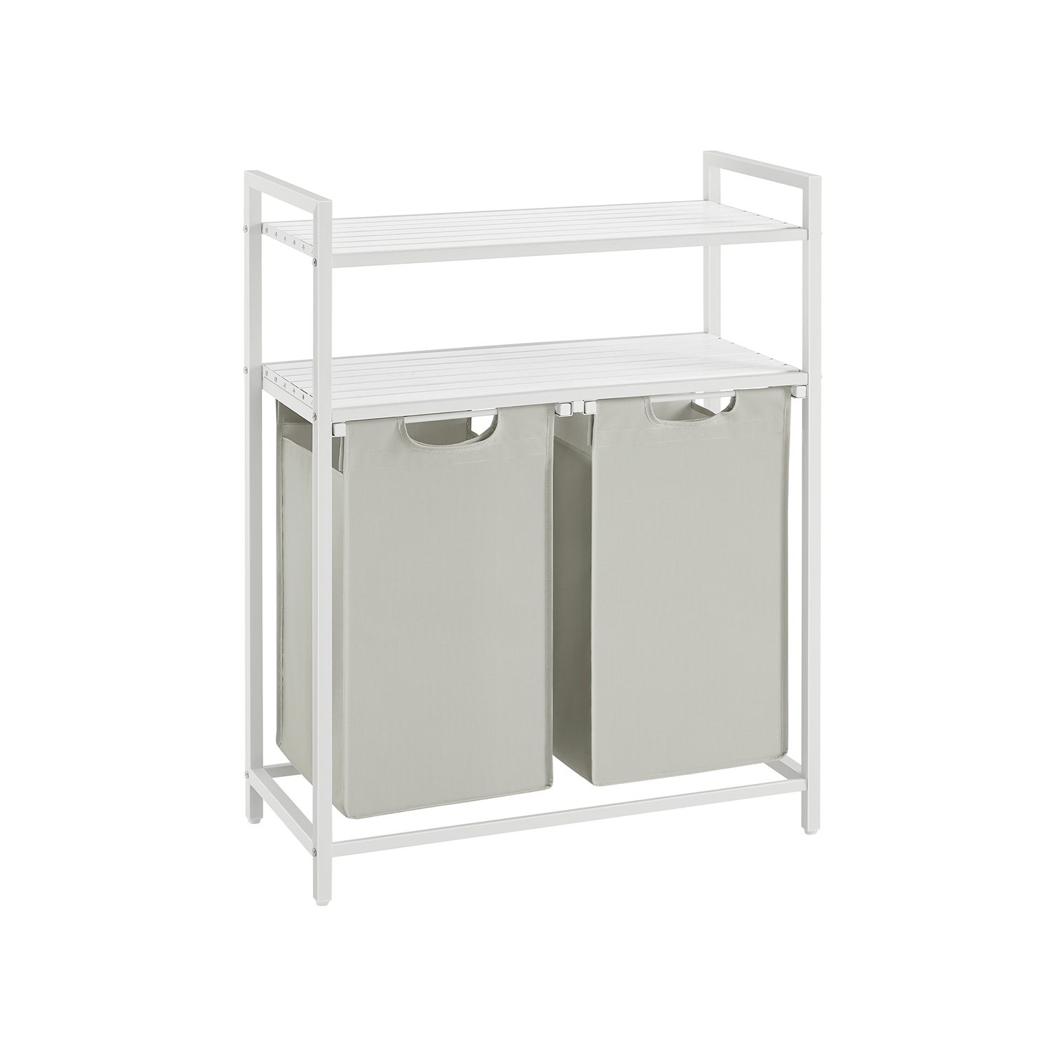 Pesukorv ja pesusorteerija 2 sektsiooni ja 2 riiuliga, metallraam, 2 x 46 liitrit, 73 x 33 x 91 cm