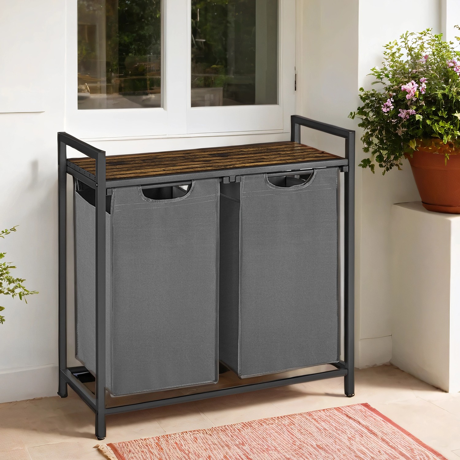 Pesukorv 2 sektsiooni, pesukoguja riiuliga, pesukast