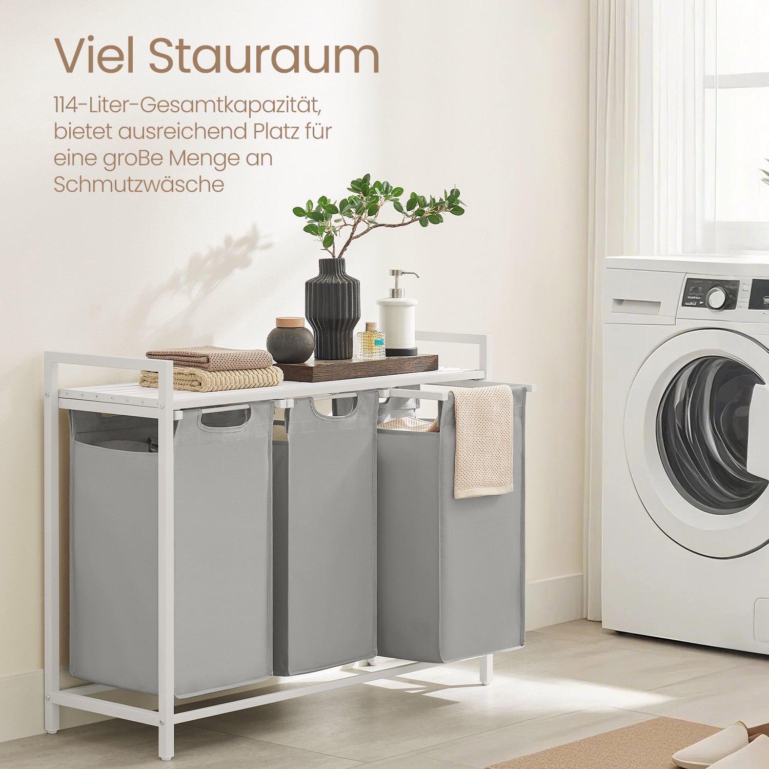 Pesukorv 3 sektsiooni, pesukoguja riiuliga, pesukast