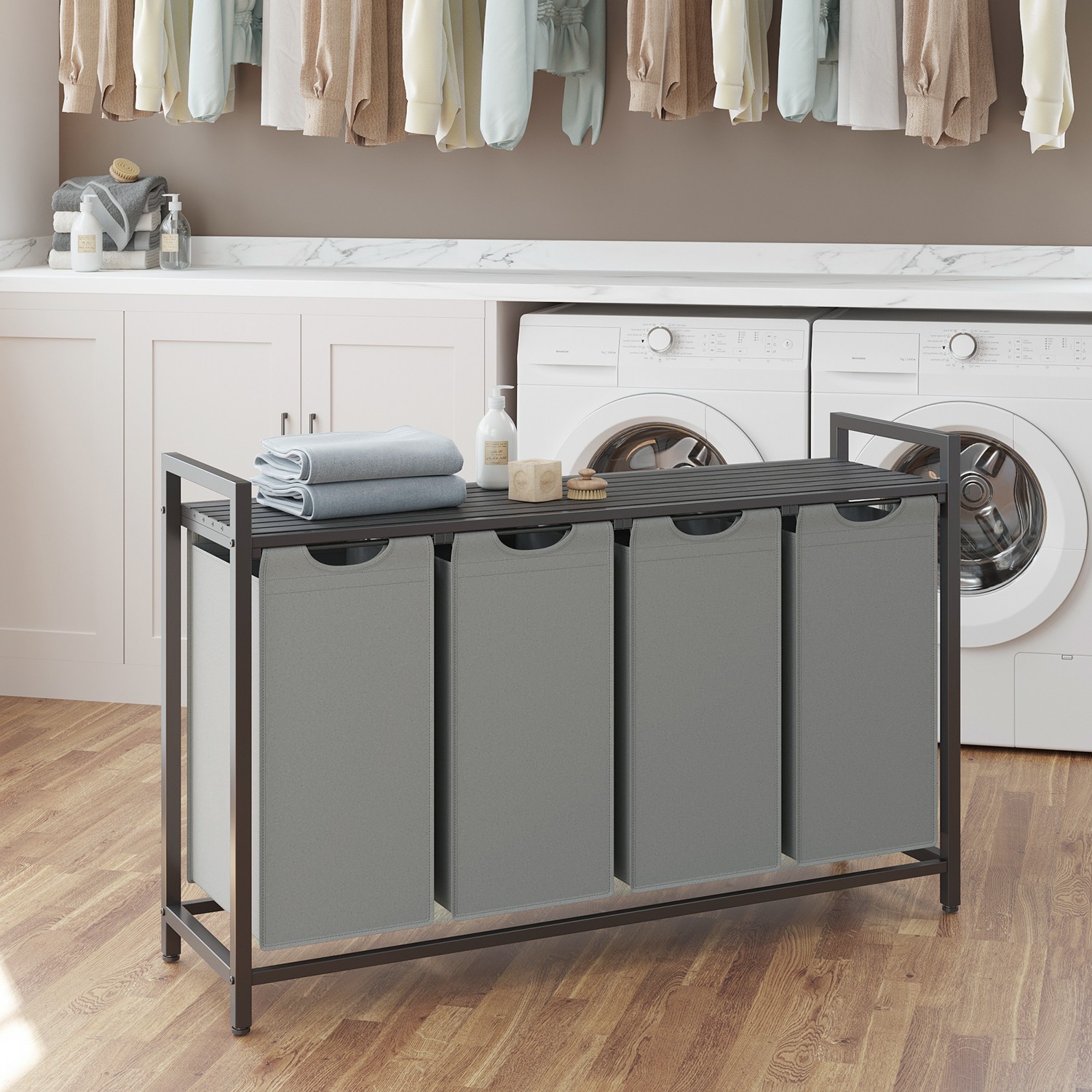 Pesukorv 4 sektsiooni, pesukoguja riiuliga, pesukast