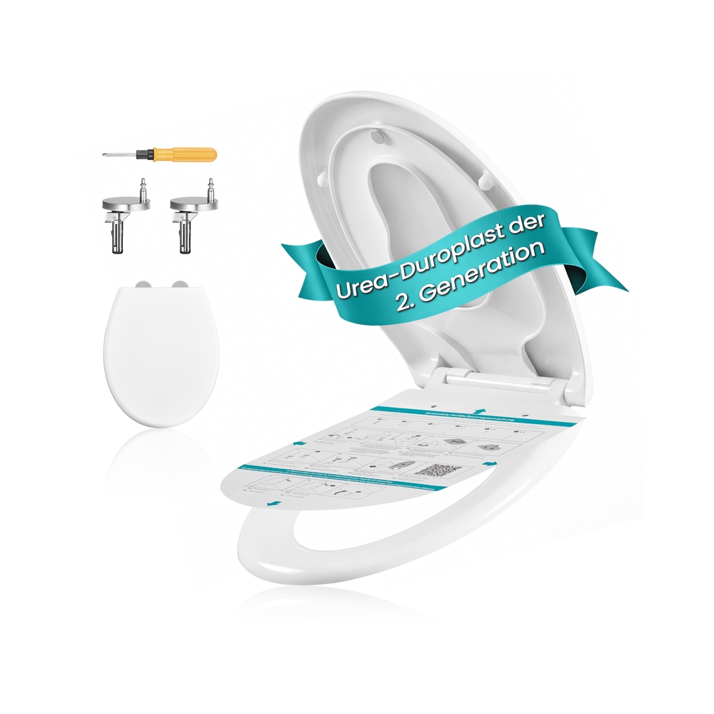 O-kujuline WC-pott lapseistmega, pehme sulgumismehhanismi ja lihtsa eemaldamisega, valge