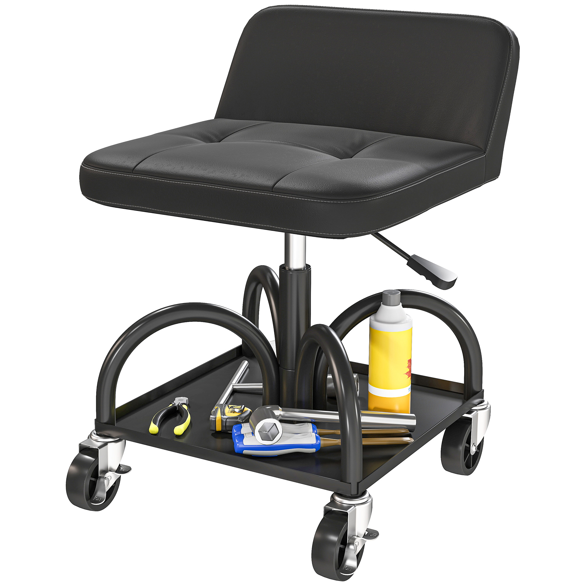 Töökojatool rataste ja hoiupinnaga, 58,5 cm kõrge, rulltoolil, kandevõime kuni 135 kg, must