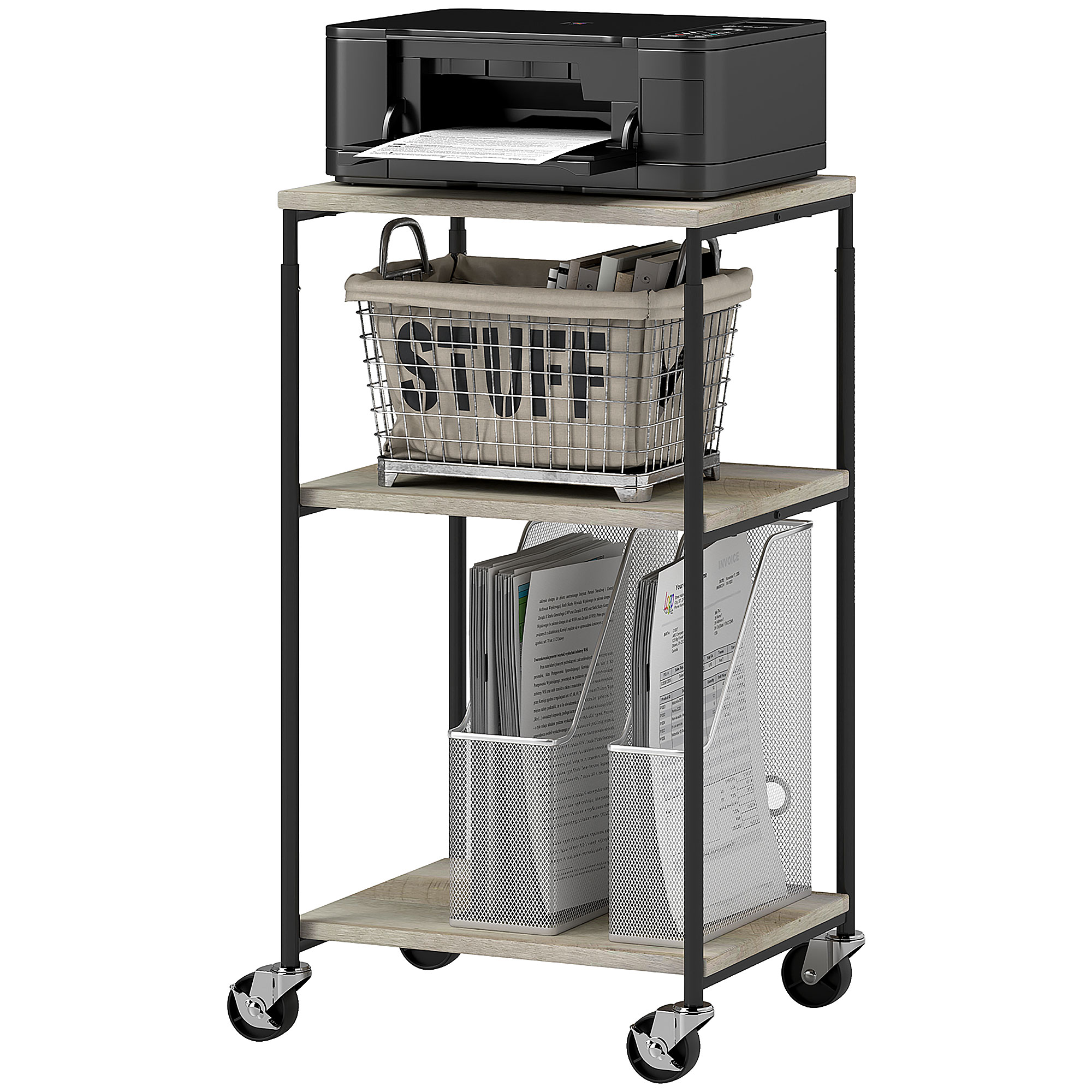 3-astmeline kõrgusega reguleeritav printerialus, mobiilne printerilaud ratastel, kodukontorisse, metallist ja puidust