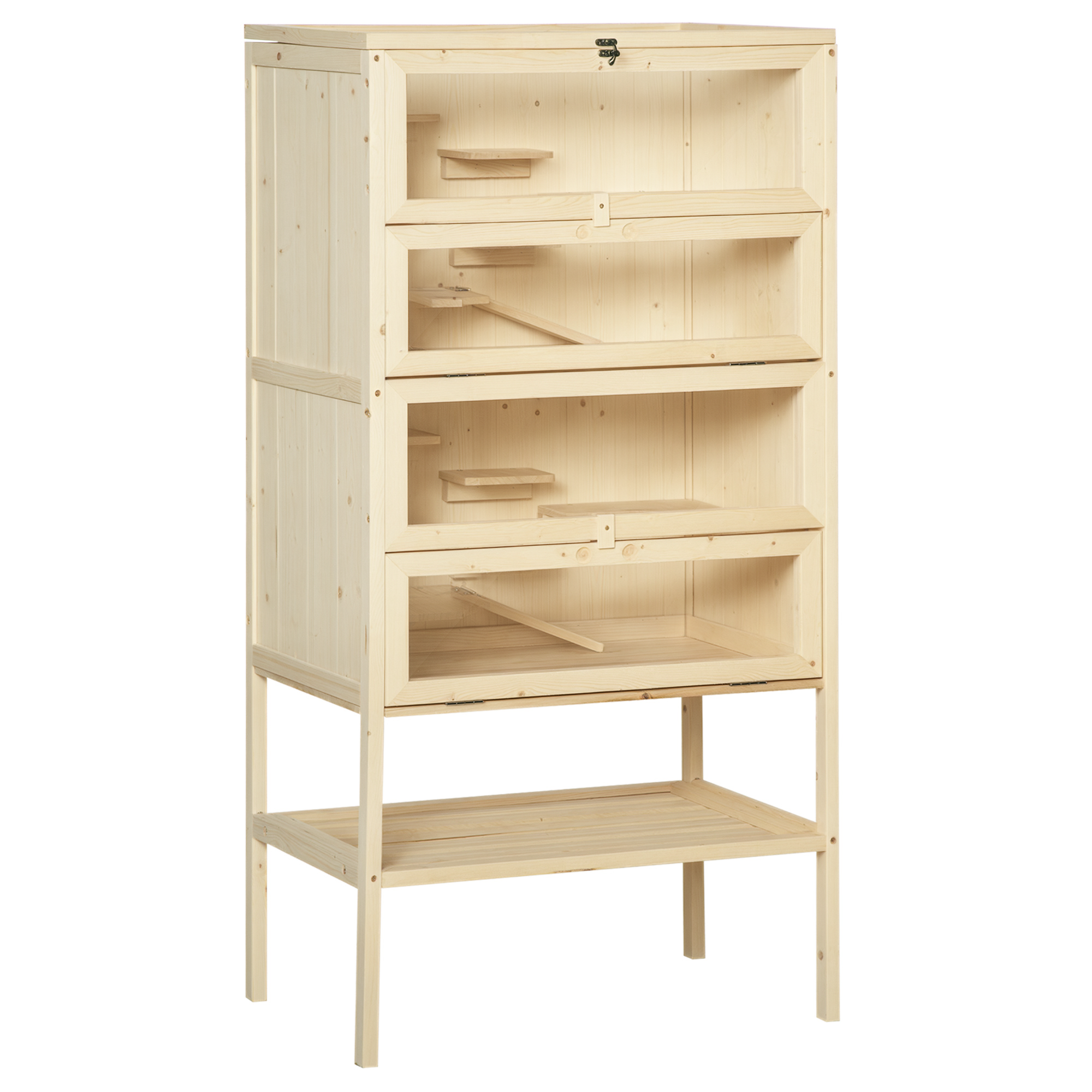 Puidust hamstripuur, 5 taset, närilistepuur, väikeloomade puur traatvõrgust katuse ja kaldteedega, suur puidust puur, hiirepuur, puur hamstritele ja kääbushamstritele, 60 x 40 x 120 cm, naturaalne puit