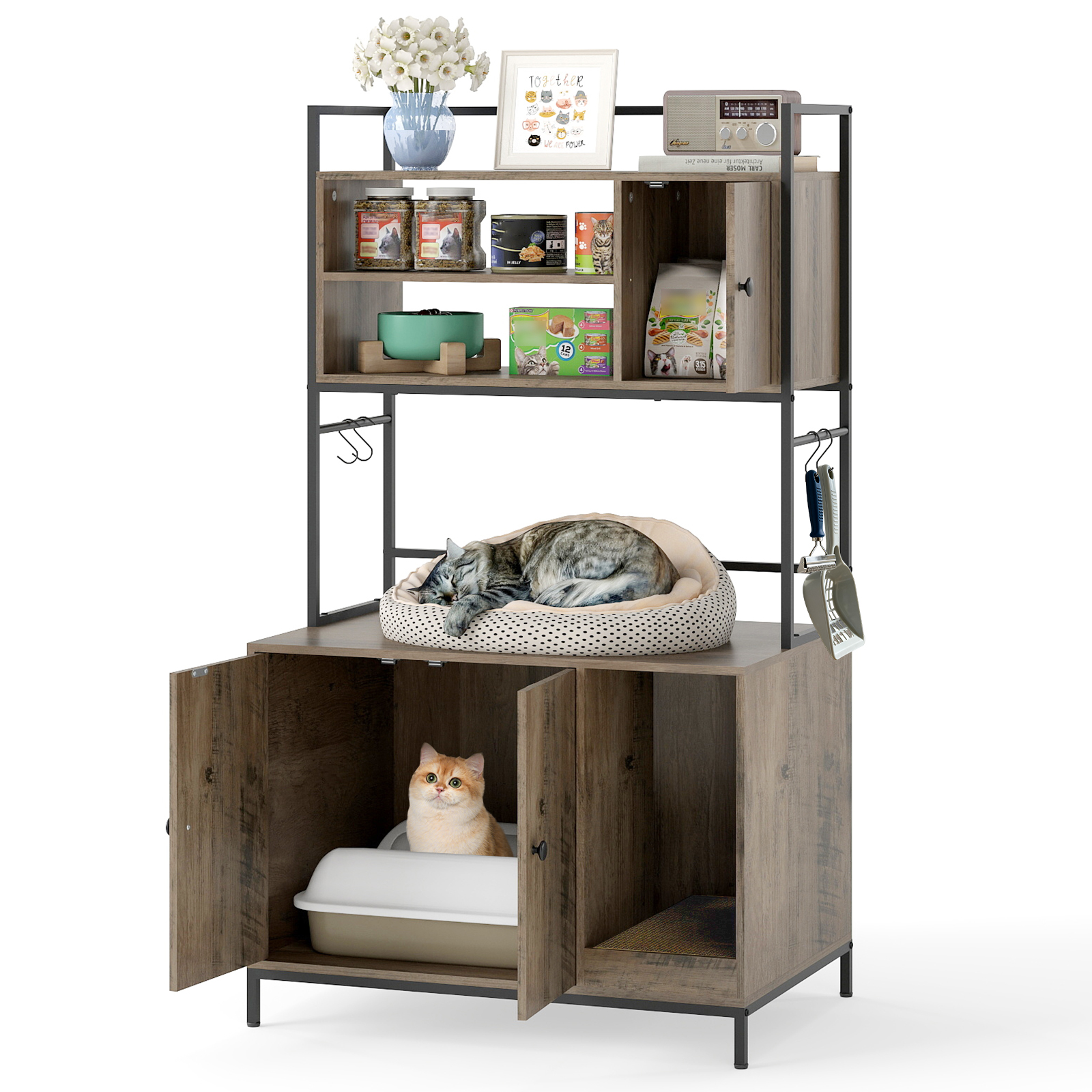 Kassiliivakasti ümbris hoiuriiulite ja konksudega, suur peidetud kassi tualettruum - hall