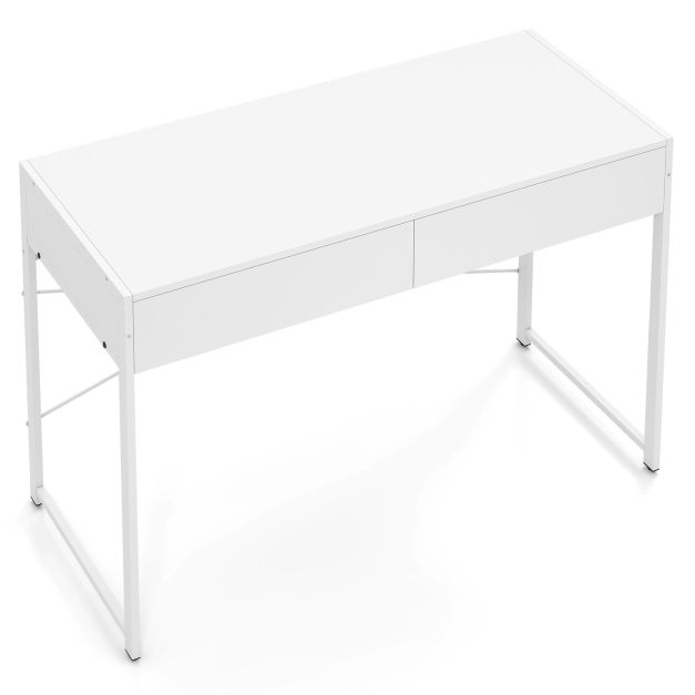 Kahe mahuka sahtli ja tugeva metallraamiga arvutilaud, minimalistlik kirjutuslaud ja kosmeetikalaud, valge