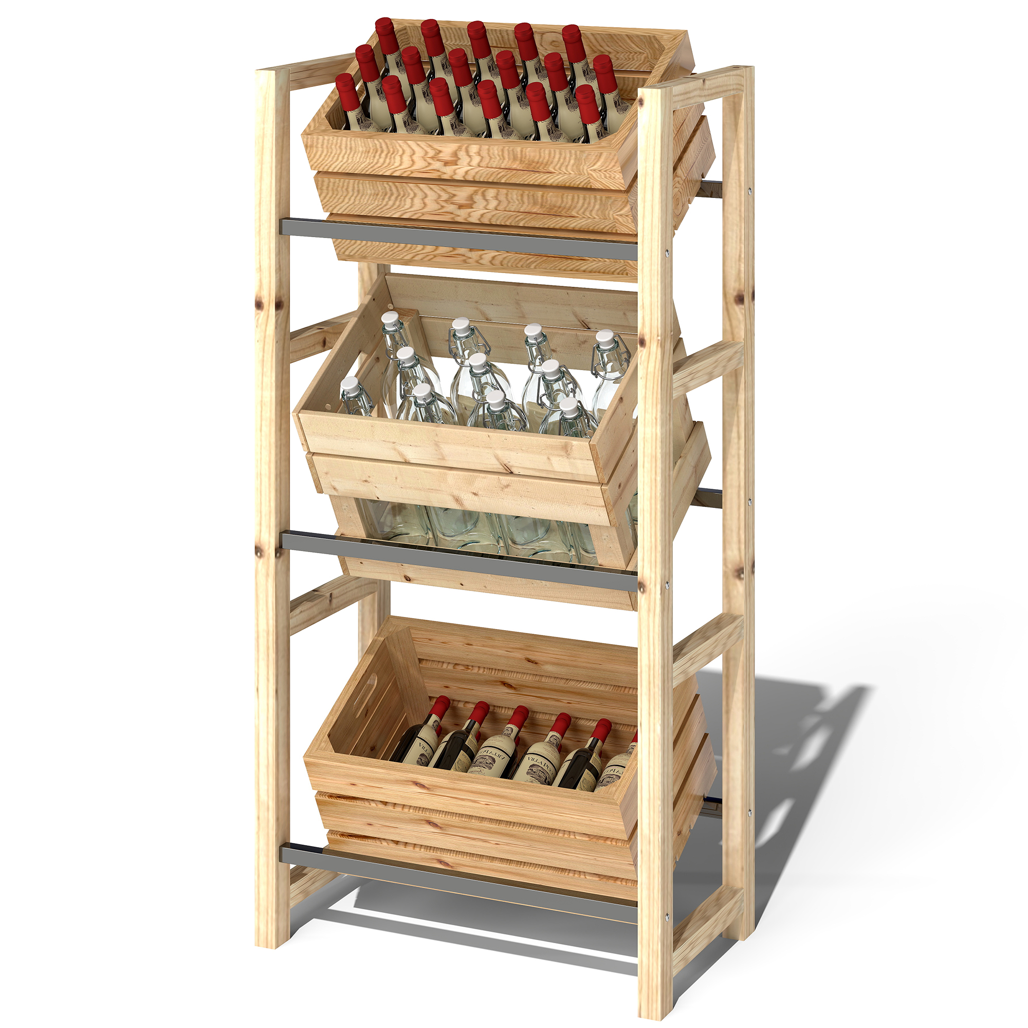 Joogikastide riiul 3 joogikastile, puidust joogiriiul, 3-tasandiline kastiriiul, 56 x 32 x 112 cm, naturaalne puit