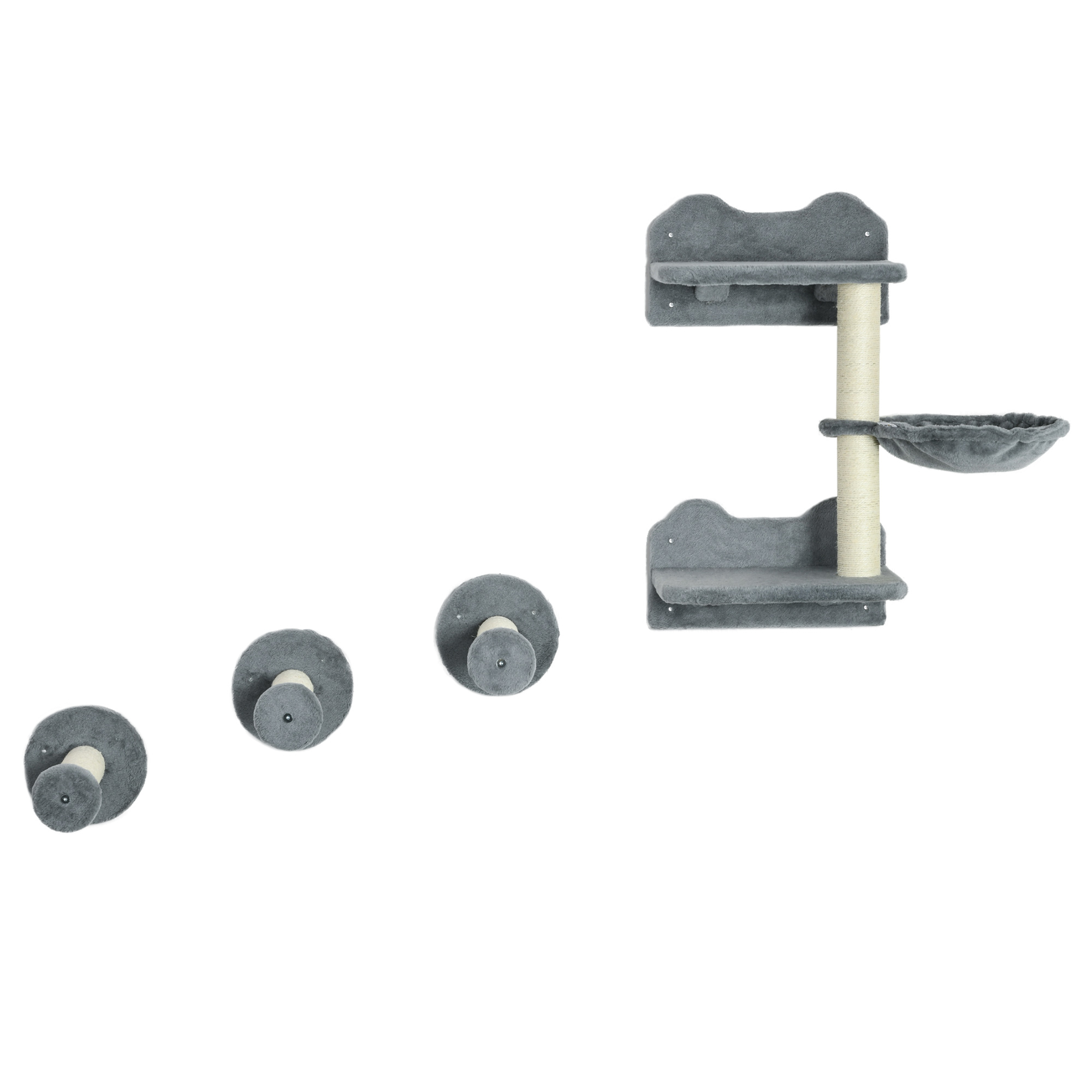 Ronimisredel, ronimissein, kassitrepp, 4-osaline komplekt, kraapimispostiga, võrkkiik, hall ja kreemikasvalge, 40 x 28 x 73 cm