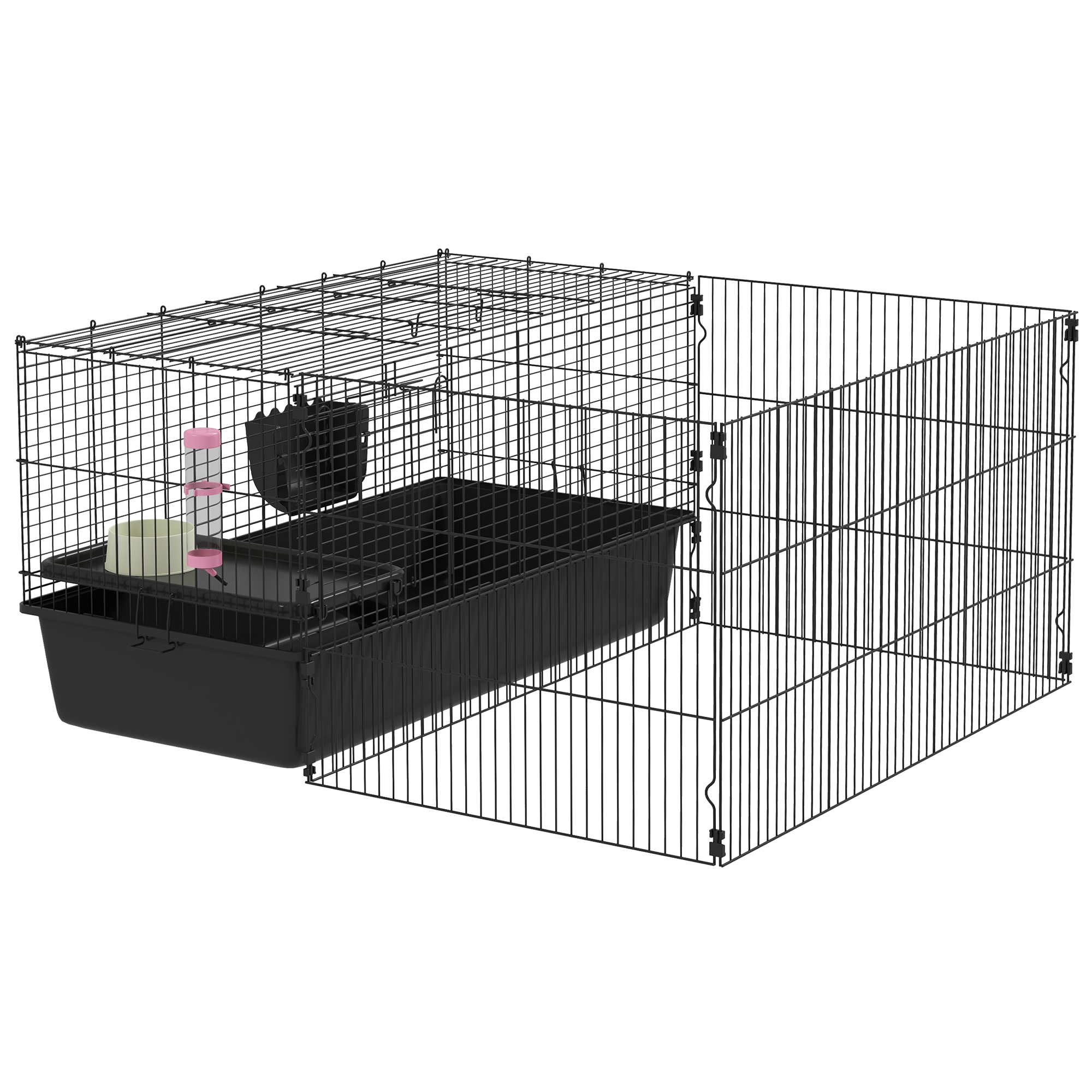 Väikeloomade aedik jooksualaga, 112,5L x 99B x 54H cm, veepudeli, söödakünni, söögikausiga, väikeloomadele, teras, must