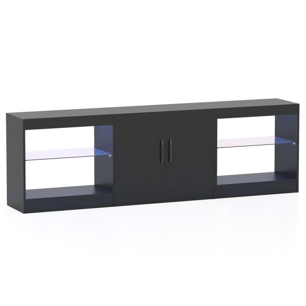 Modulaarne telerialus 85-tollistele teleritele, 3-ühes meelelahutuskeskus LED-tulede ja reguleeritavate klaasriiulitega, must konsool