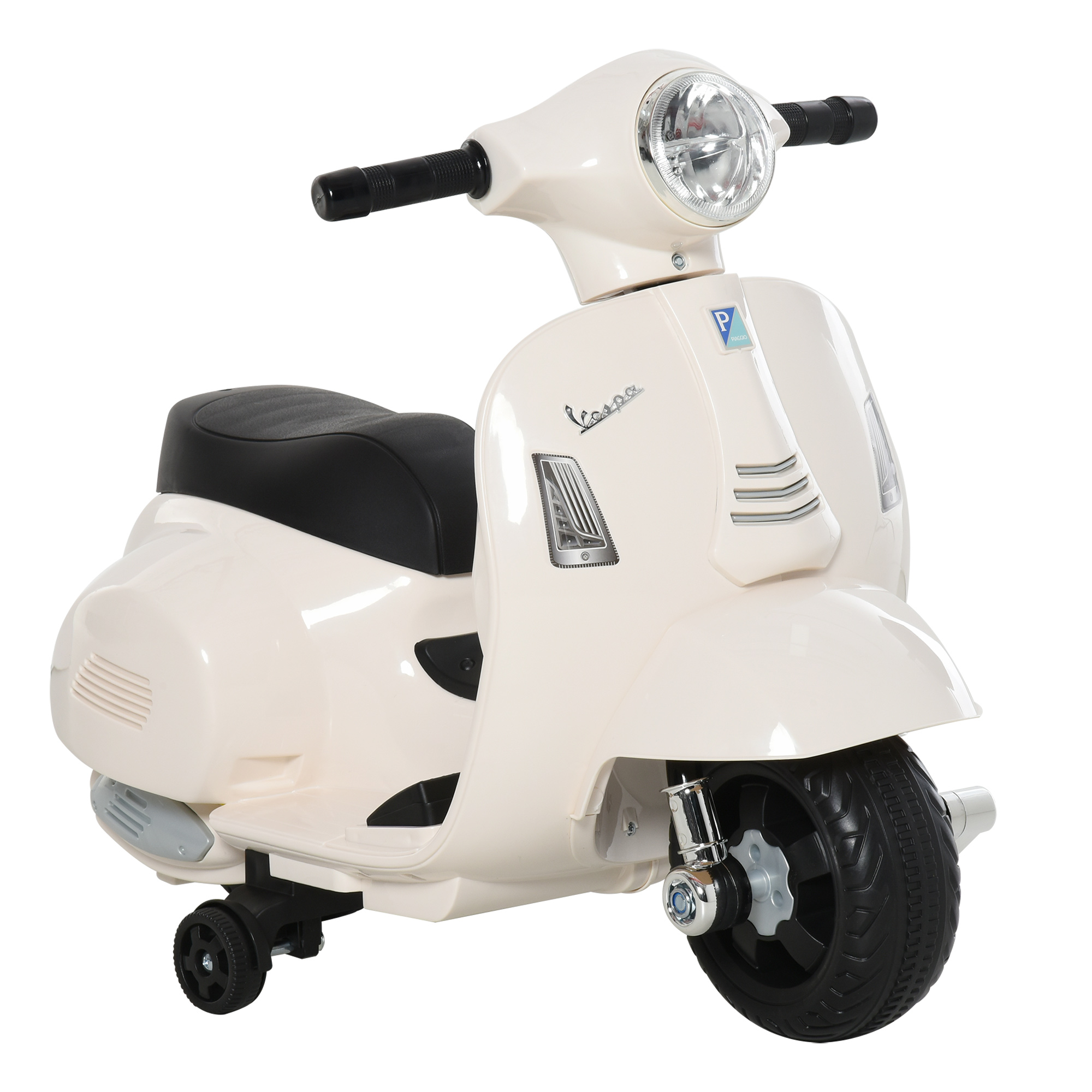 Elektriline lastemootorratas Vespa, LED-tulega elektrimootorratas, heli, laste elektrimootorratas lastele vanuses 18–36 kuud, valge