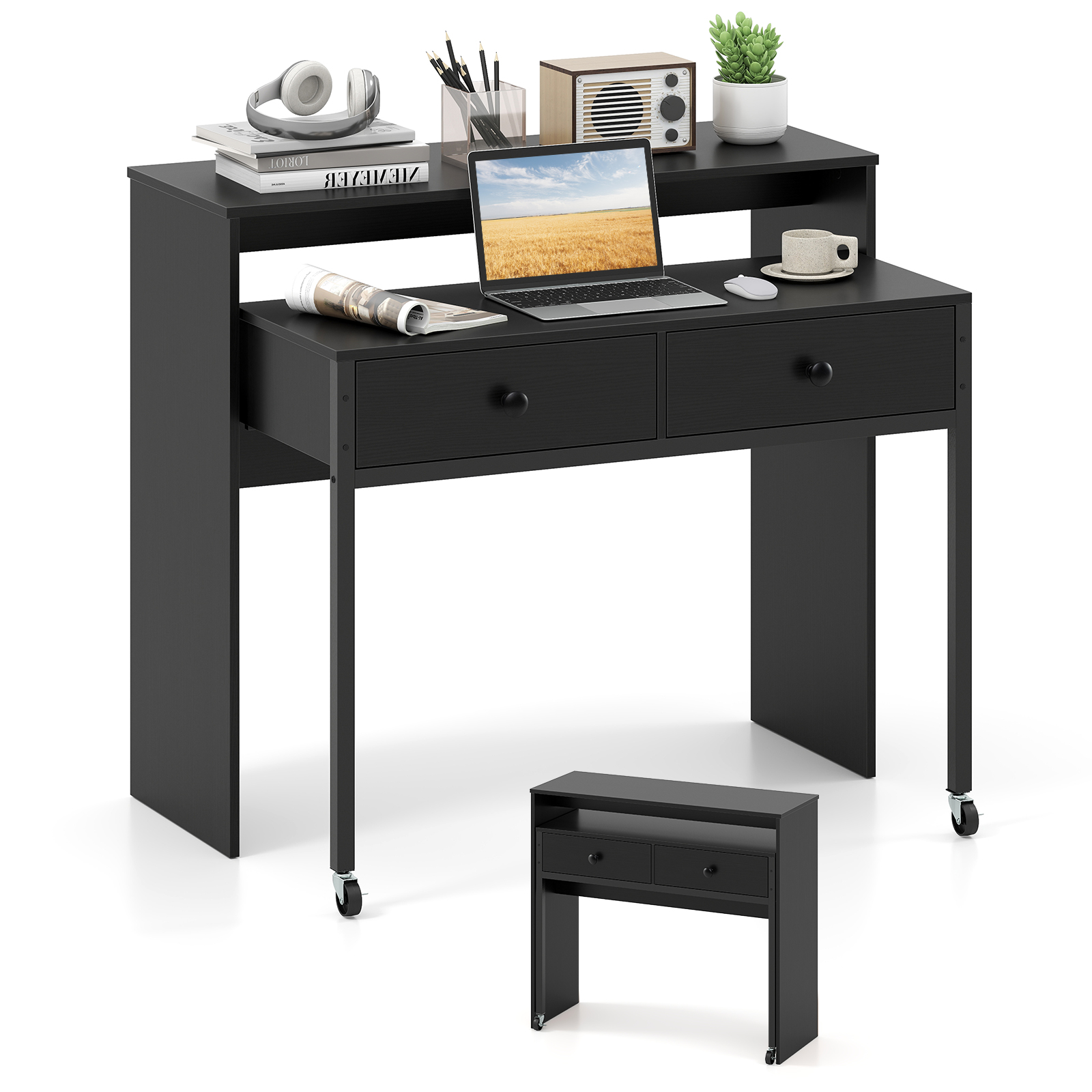 Väljatõmmatav kirjutuslaud väike arvutilaud 2 sahtli ja ratastega 100 x 63 x 88 cm must