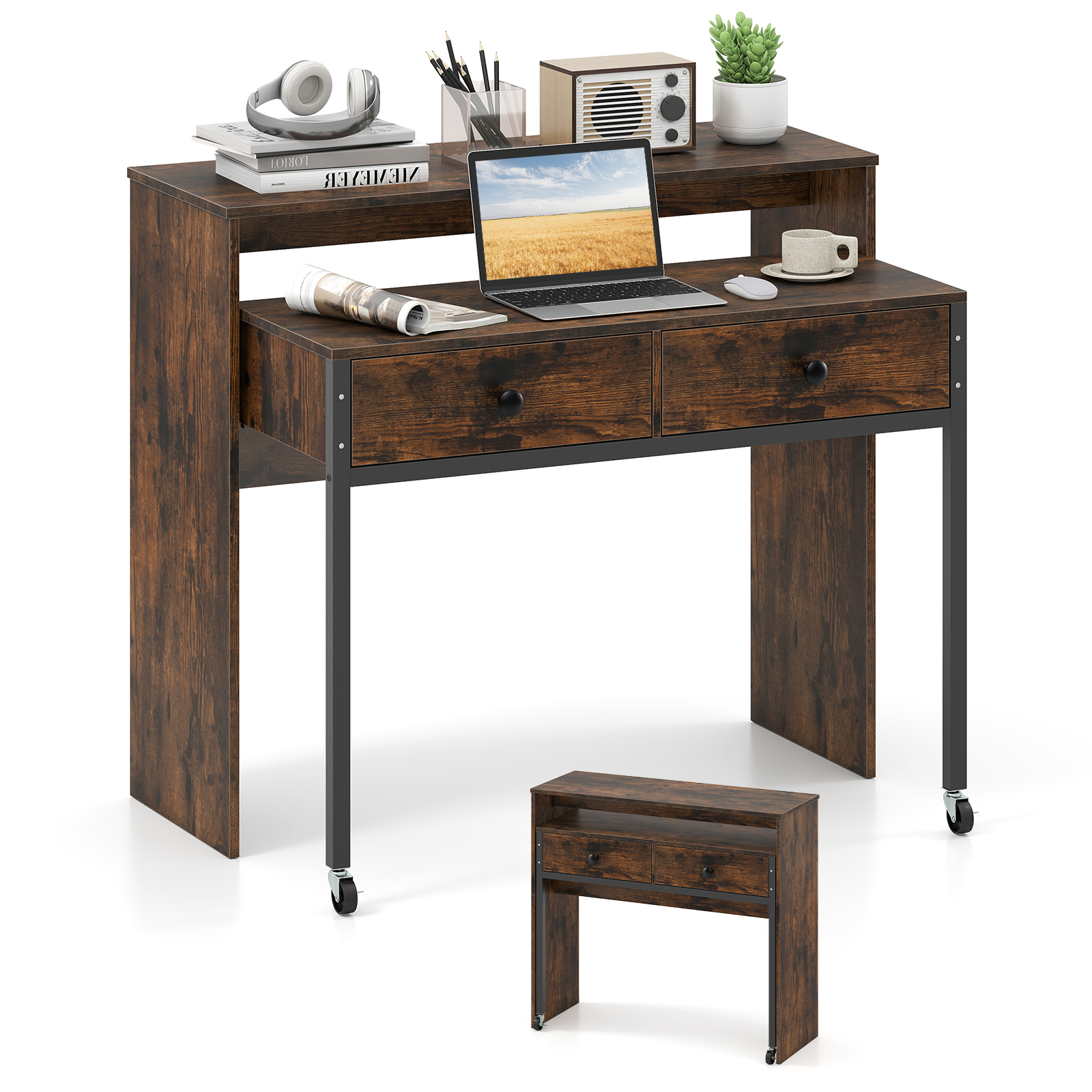 Väljatõmmatav kirjutuslaud väike arvutilaud 2 sahtli ja ratastega 100 x 63 x 88 cm pruun