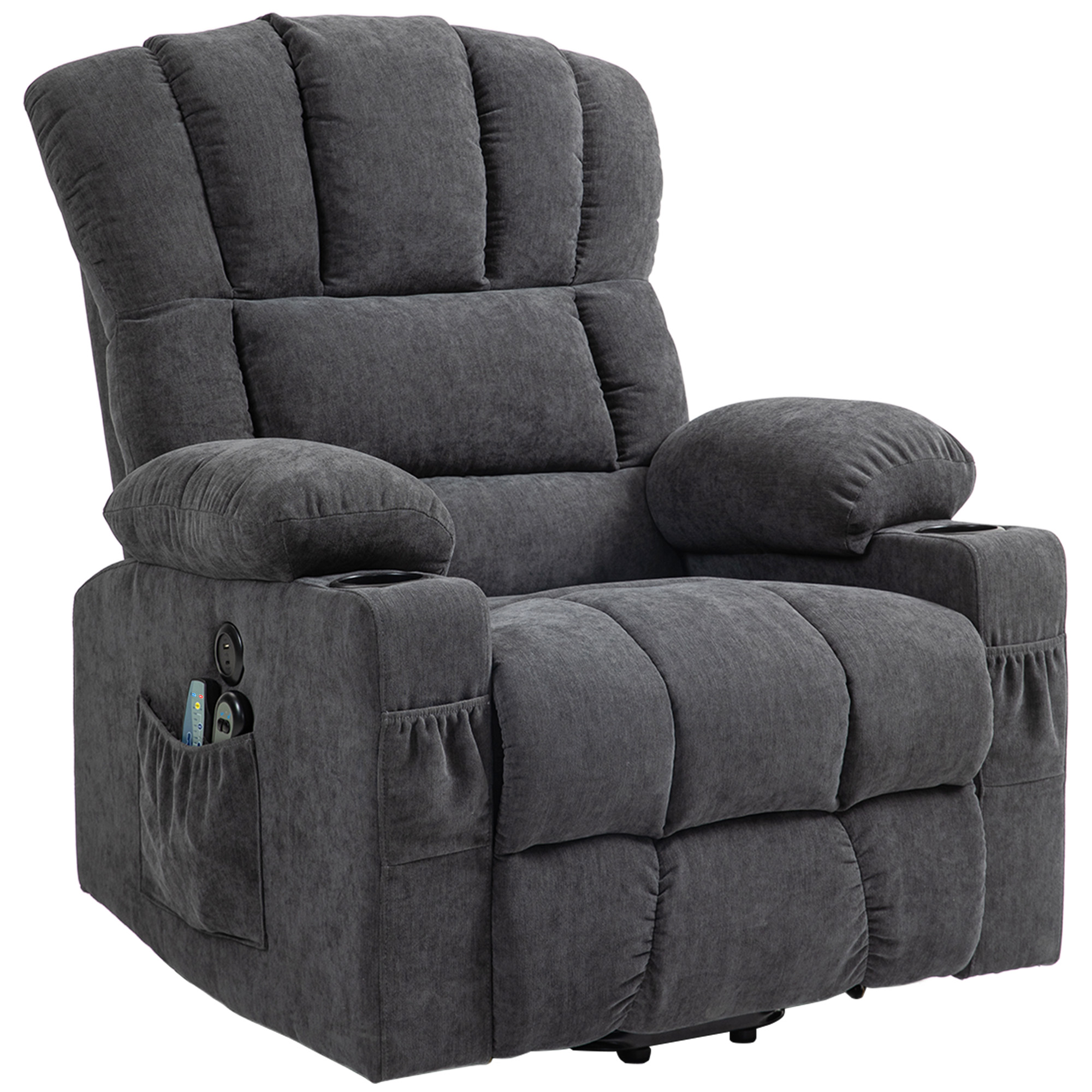 Elektriline tugitool tõusmisabiga, lamamis-, soojendus- ja massaažifunktsiooniga, teleritool tüüp-C ja USB-pesadega, topsihoidjaga, tumehall