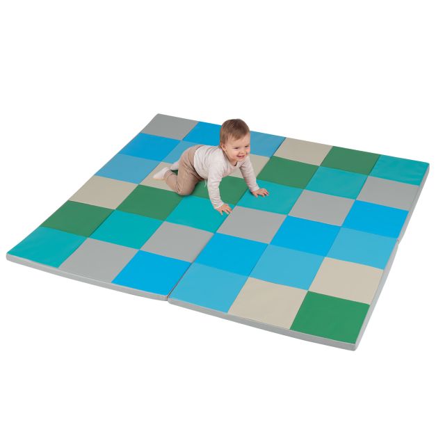 Kaheosaline kokkupandav beebi roomamismatt ronimiskinnitusega ja kunstnahast põrandamatt ja vaht, sinine