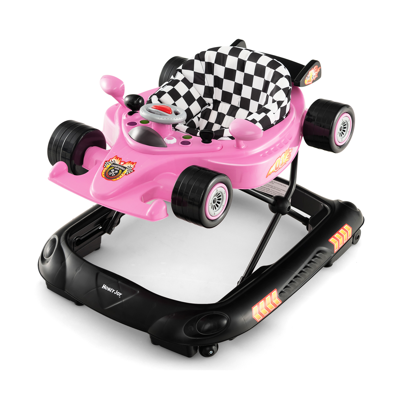 4 in 1 Baby Walker reguleeritava kõrgusega eemaldatava mängualusega, roosa autokujuline jalutuskäik