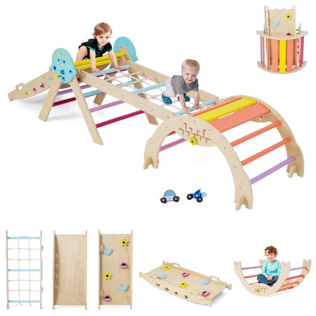 9-ühes Montessori puidust ronimiskomplekt: Pikleri kolmnurk, ronimiskaar, ronimisköis, redel ja kahepoolne liumägi, mitmevärviline