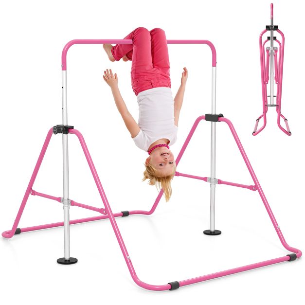 Kokkupandav võimlemiskang lastele, kõrguse reguleerimise ja horisontaalse kip-treeningkangiga - roosa