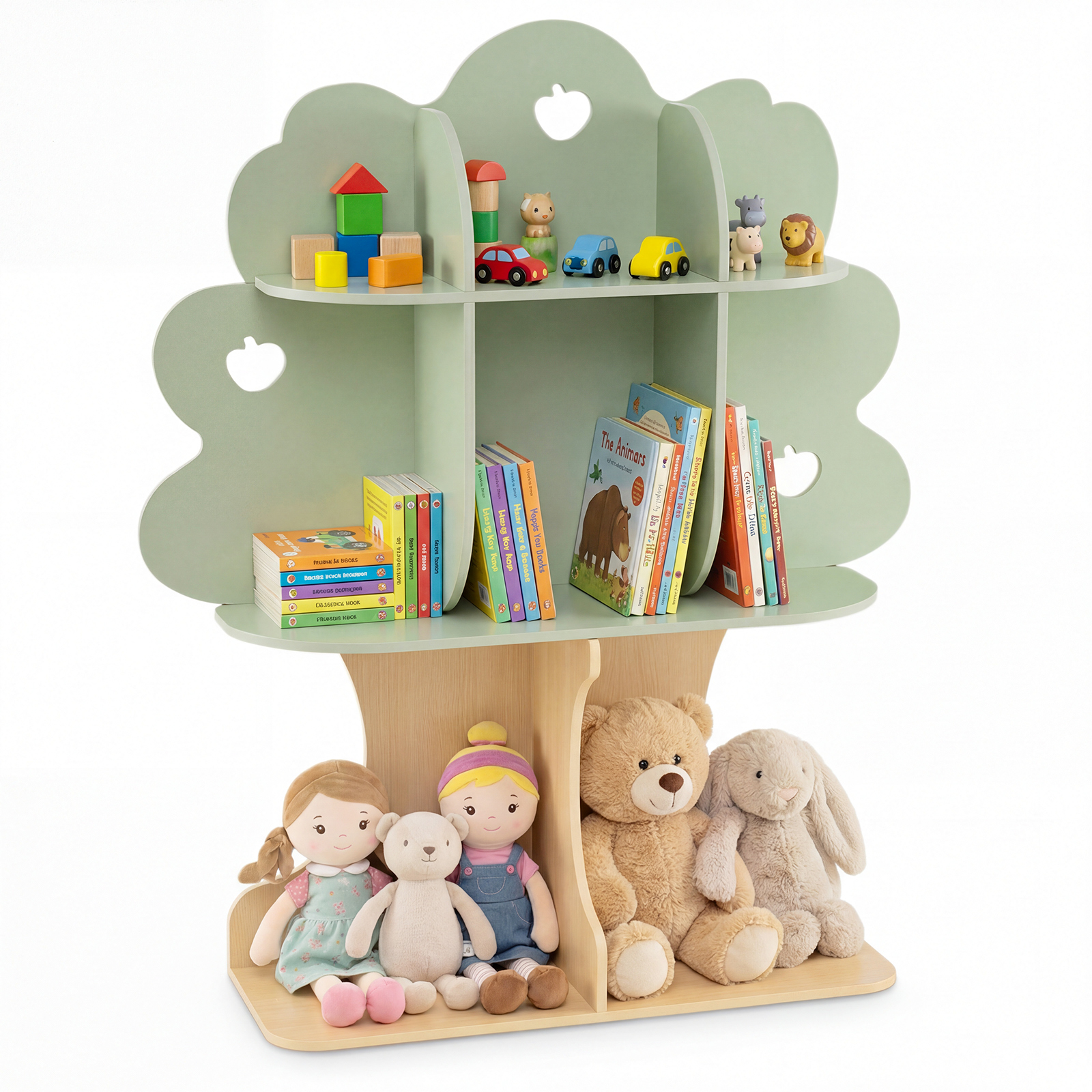 Puukujuline eraldiseisev laste raamaturiiul ja avatud riiulitega raamatukapp (kõrgus u 115 cm / 45 tolli), roheline