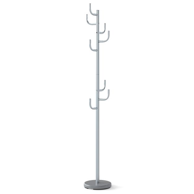 Kahe kõrguse valikuga kaasaegne 8 konksu ja raske alusega metallist riidenagi ning esikunagi (kõrgus 175 cm), hõbedane