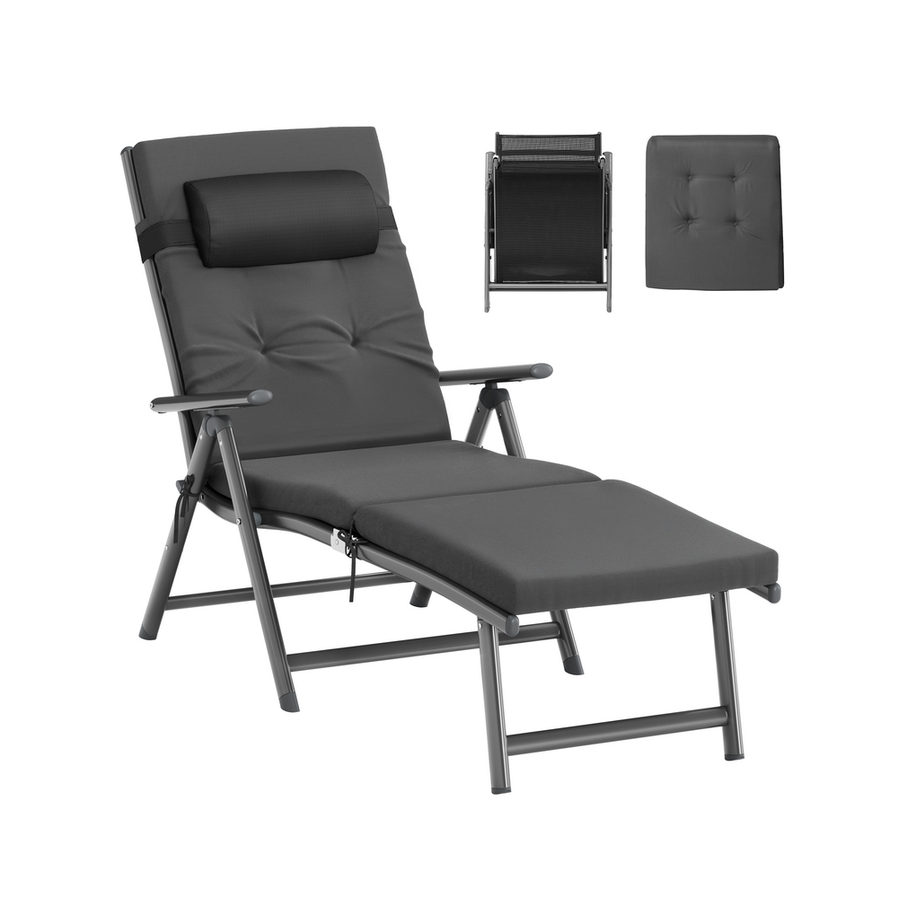 Kokkupandav päevitustool reguleeritava seljatoe ja 6 cm paksuse padjaga, kiltkivihall