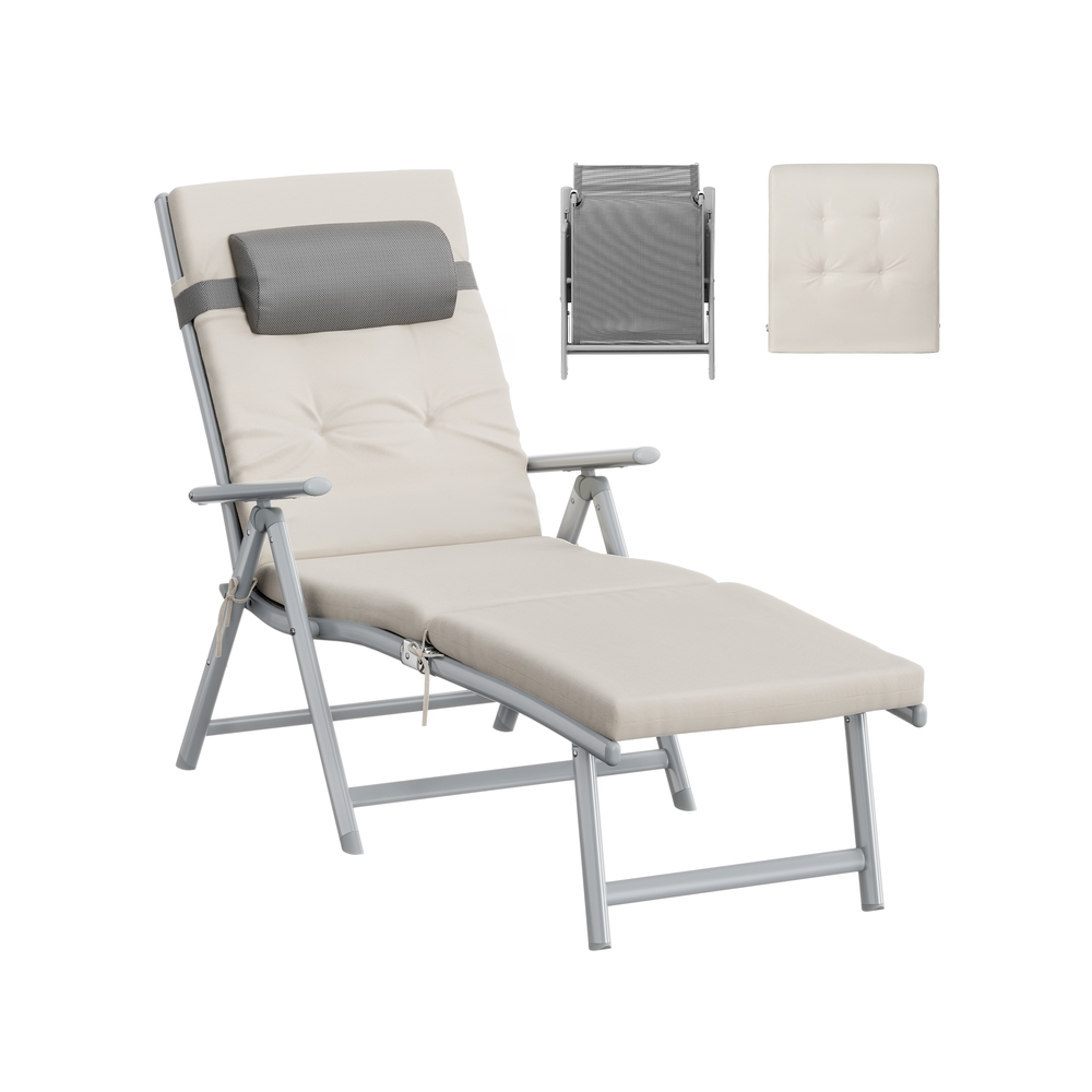 Kokkupandav päevitustool reguleeritava seljatoe ja 6 cm paksuse padjaga, liivabeež