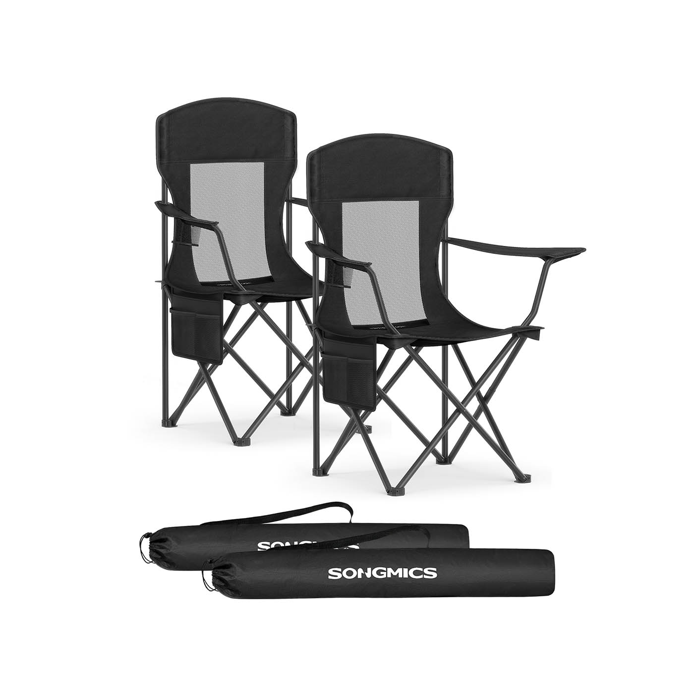 Kämpingutoolide komplekt (2 tk) kõrge seljatoe ja reguleeritavate käetugedega toolid topsihoidjaga kuni 150 kg