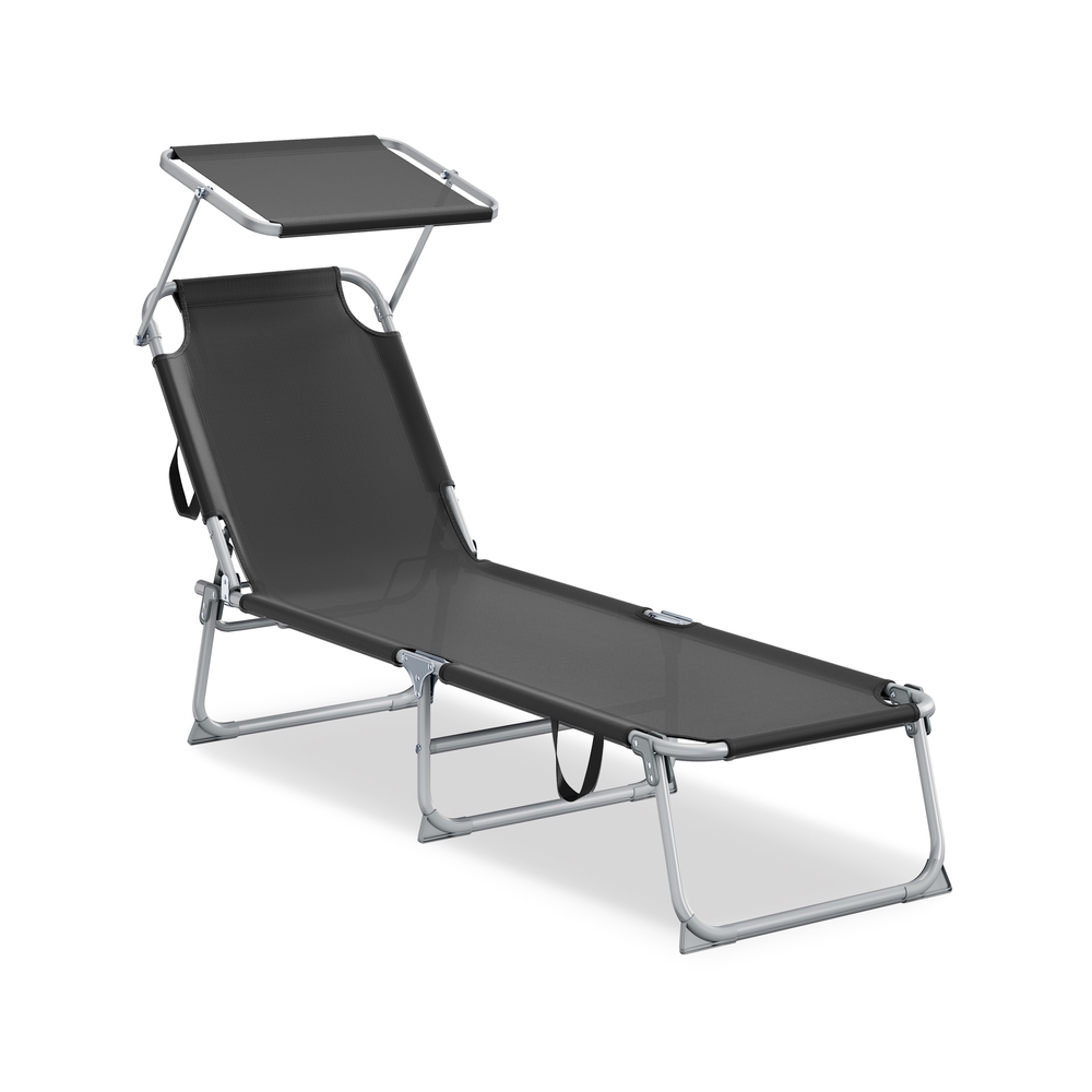 189 x 53 x 28,5 cm kokkupandav päevitustool reguleeritava seljatoe ja varjuga, must